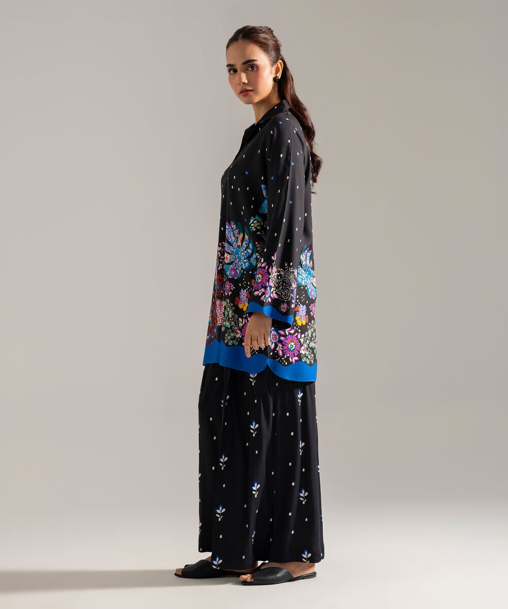 Women's RTW Printed Black Viscose Linen 2 Piece Suit