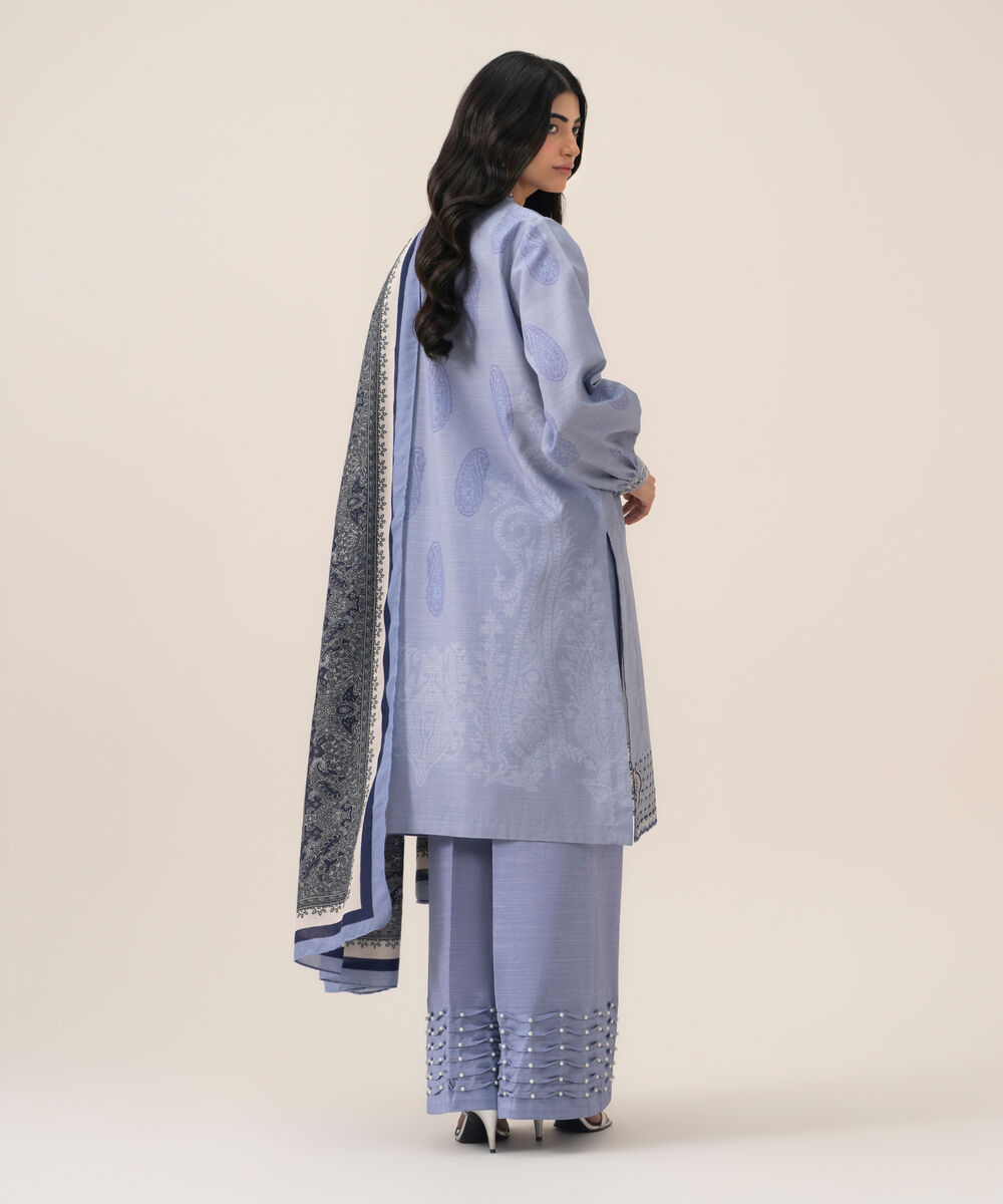 Women's Unstitched Cotton Printed Blue 3 Piece Suit