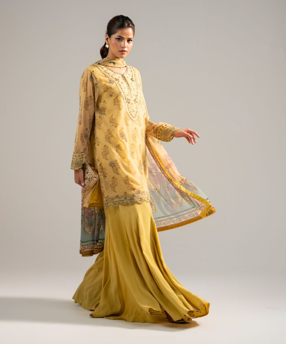 Women's RTW Chiffon Embroidered Yellow 3 Piece Suit