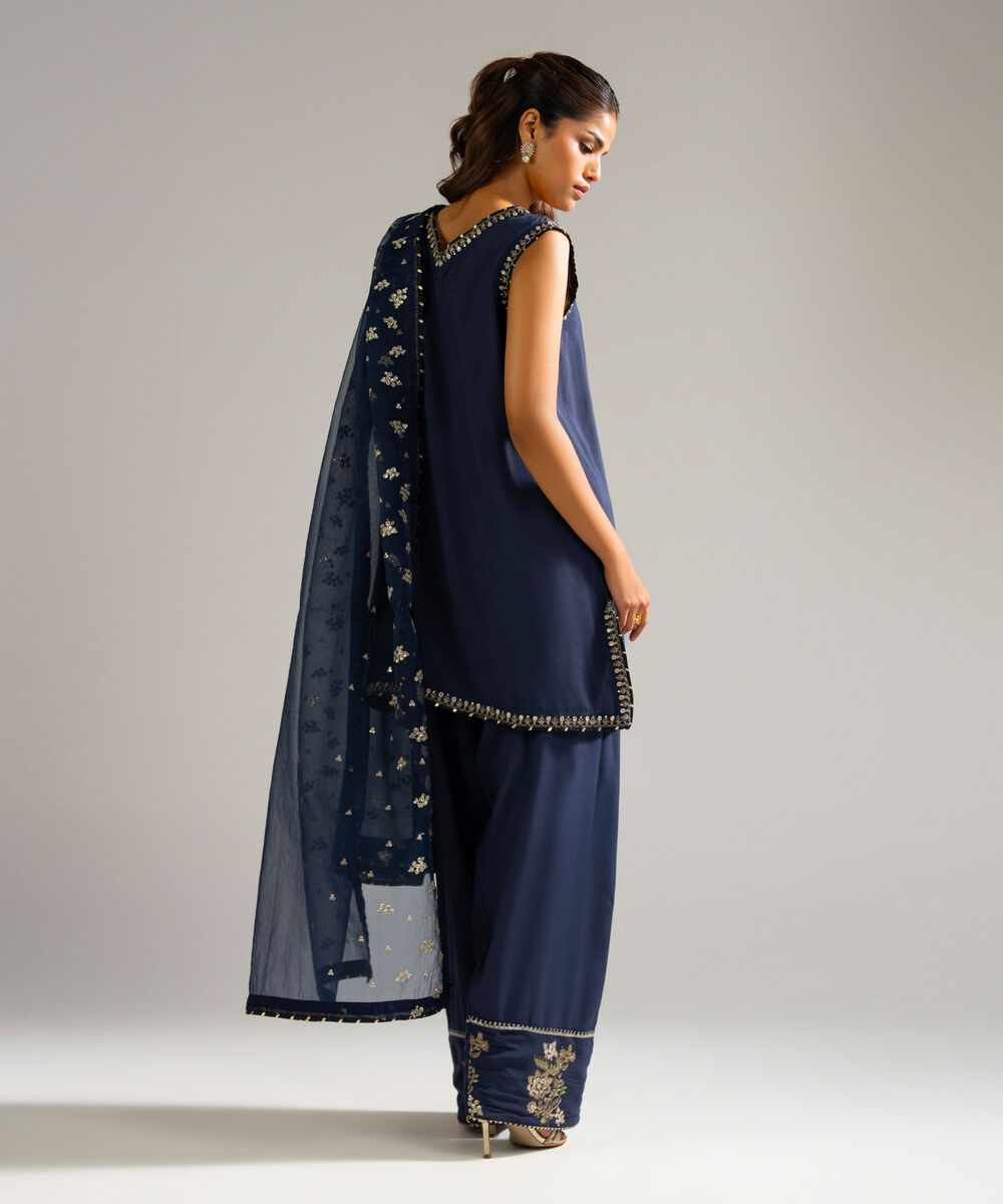 Women's RTW Raw Silk Embroidered Black 3 Piece Suit