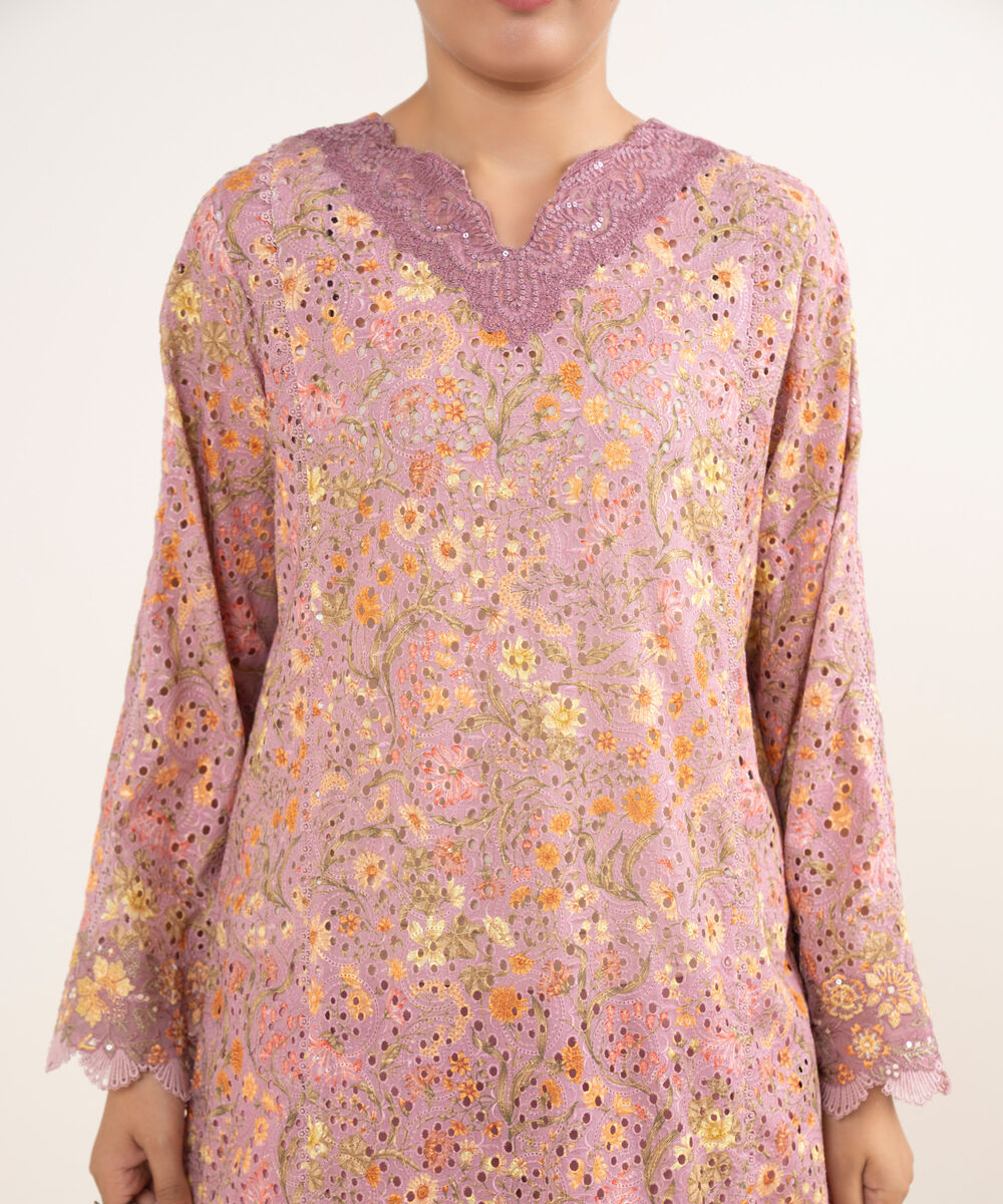 Women's Unstitched Cotton Embroidered Pink 3 Piece Suit