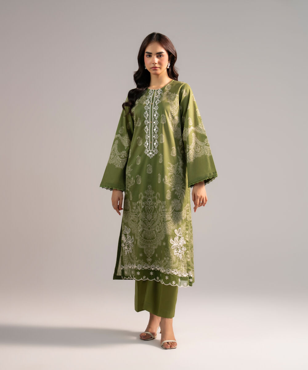 Women's RTW Lawn Embroidered Dark Green 2 Piece Suit