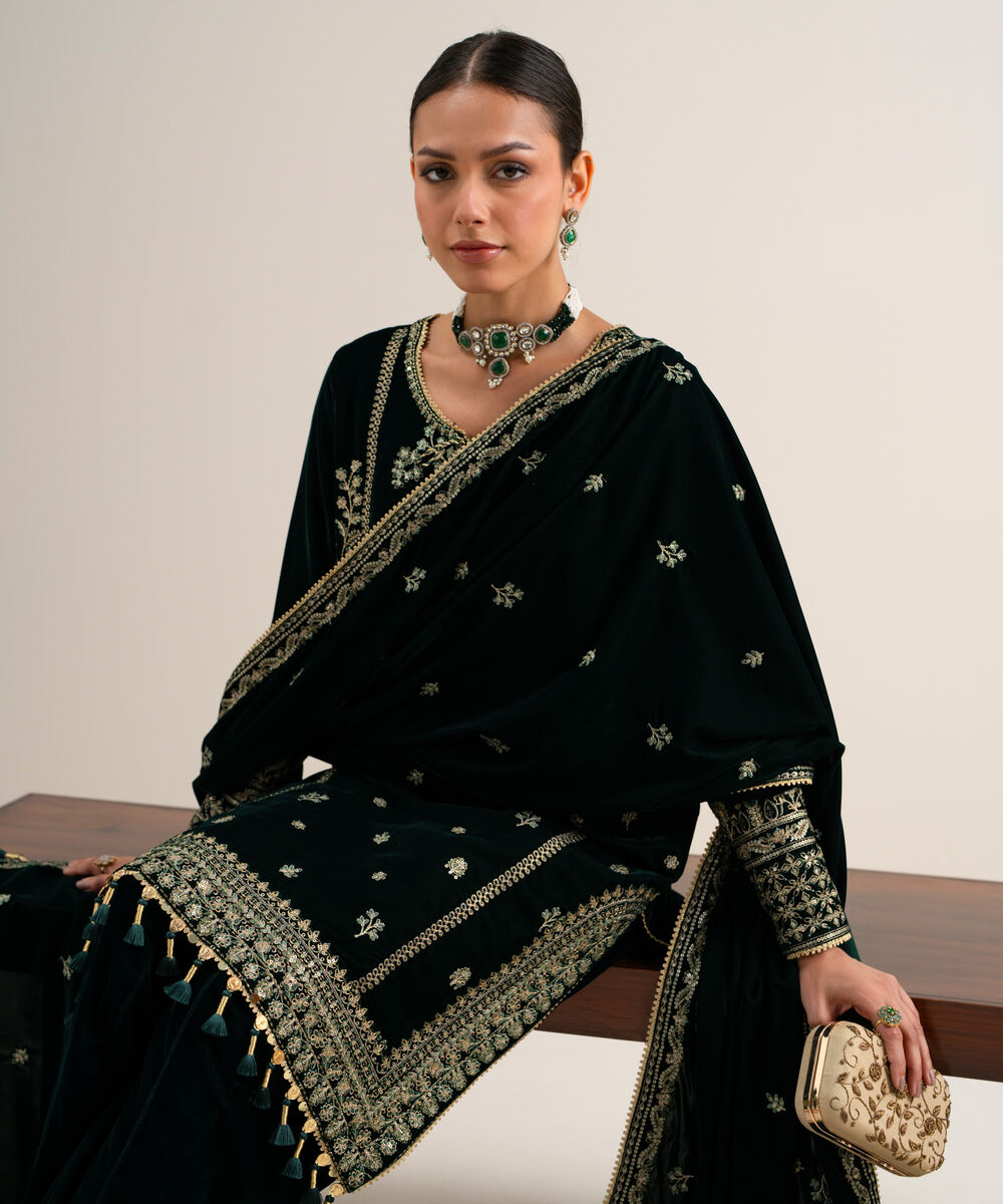 Women's Unstitched Embroidered Velvet Dark Green 3 Piece Suit