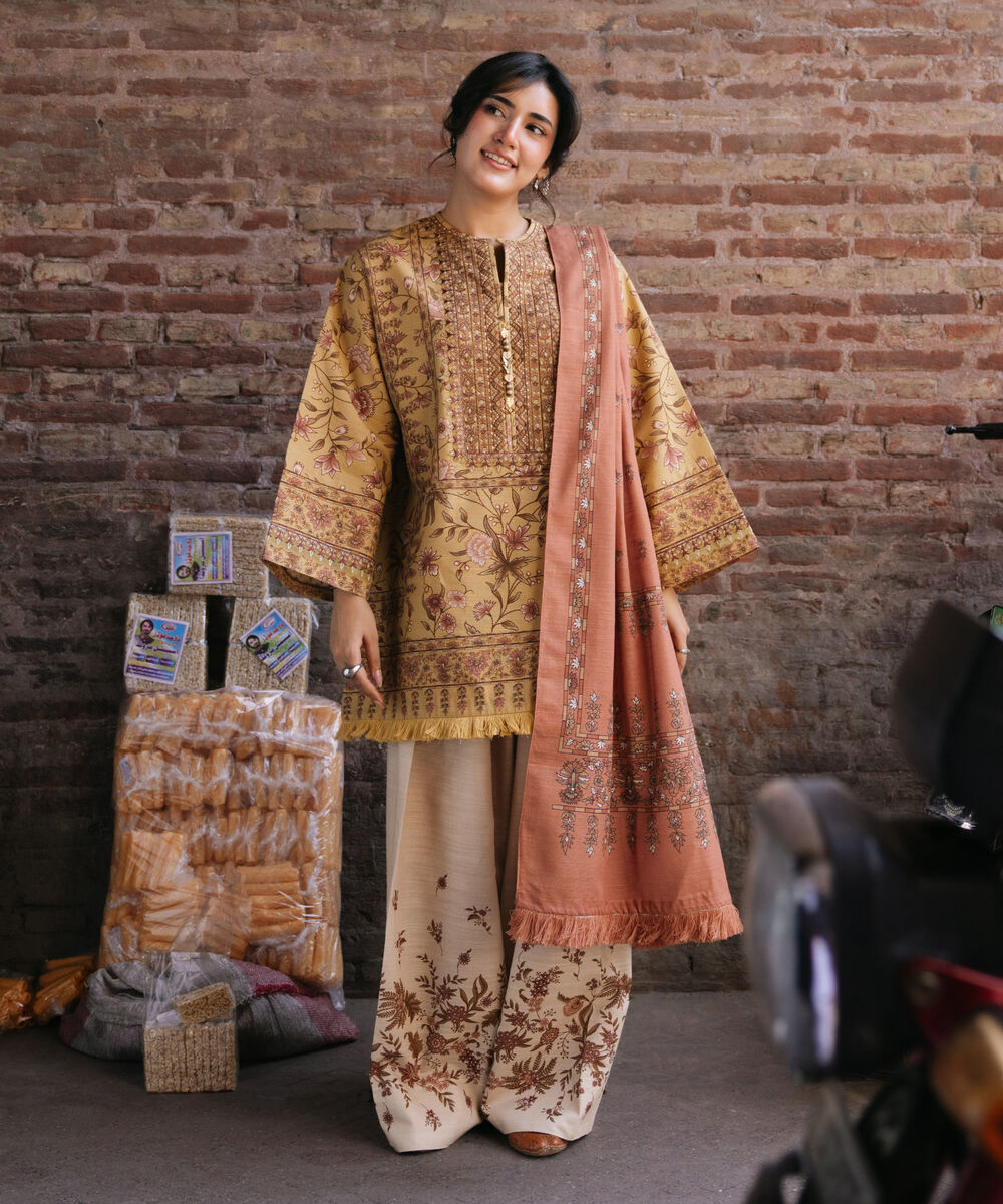 Women's Unstitched Premium Khaddar Printed Yellow 3 Piece Suit