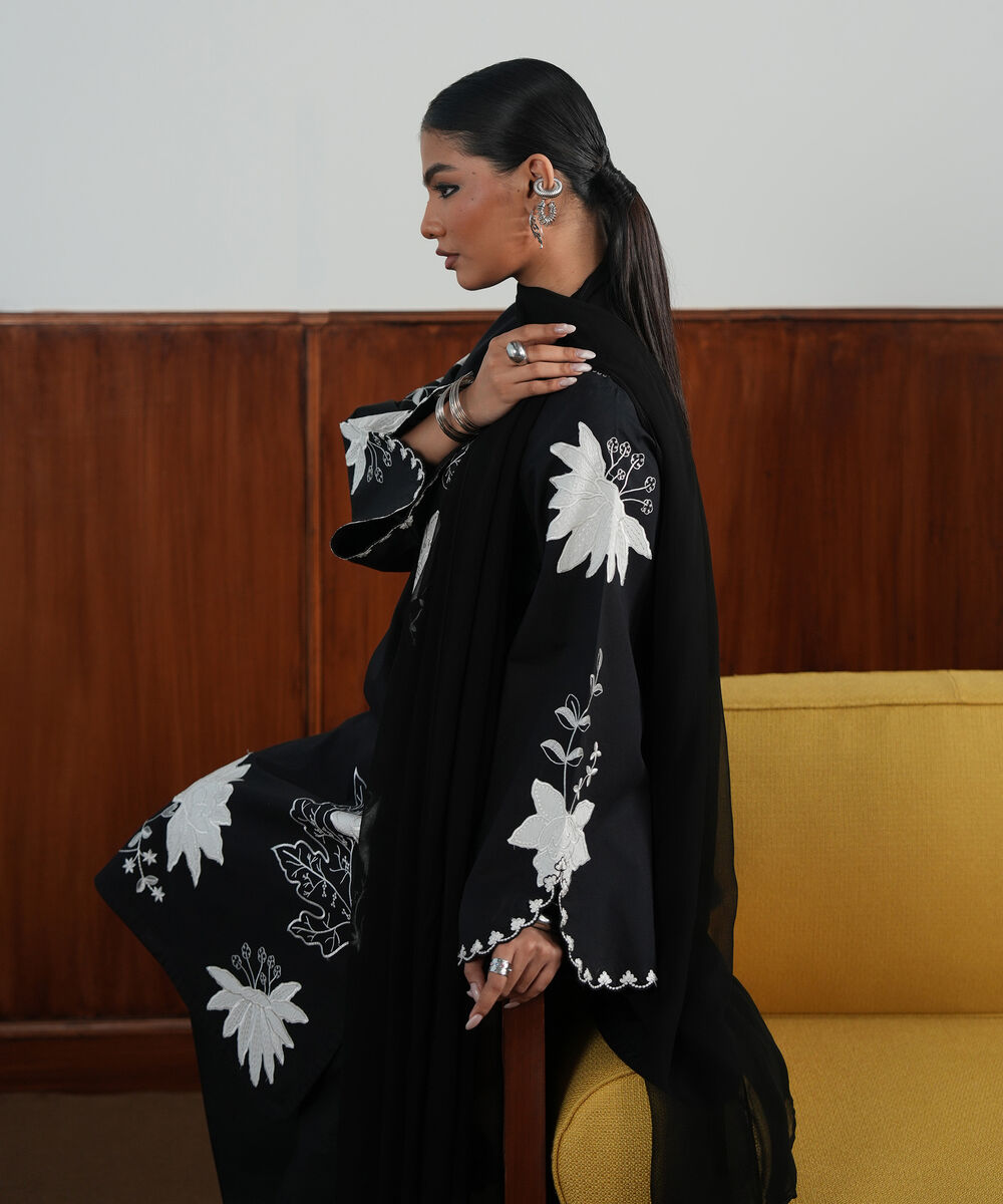 Women's Unstitched Textured Lawn Embroidered Black 3 Piece Suit