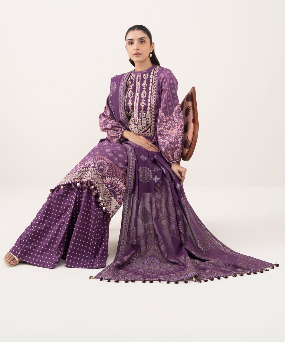 Women's Unstitched Fine Cotton Satin Embroidered Purple 3 Piece Suit