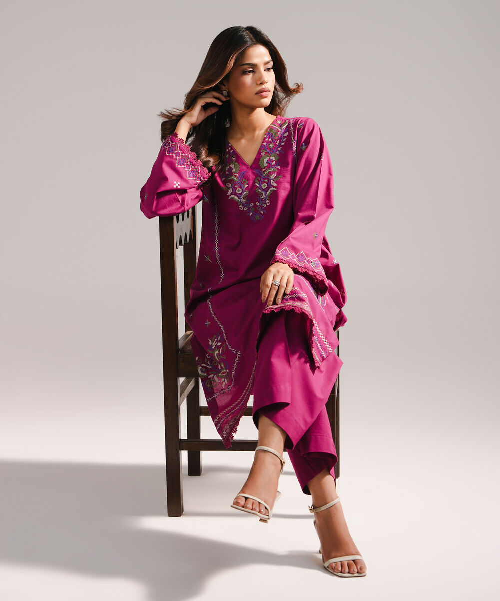 Women's RTW Slub Lawn Embroidered Plum Straight Shirt