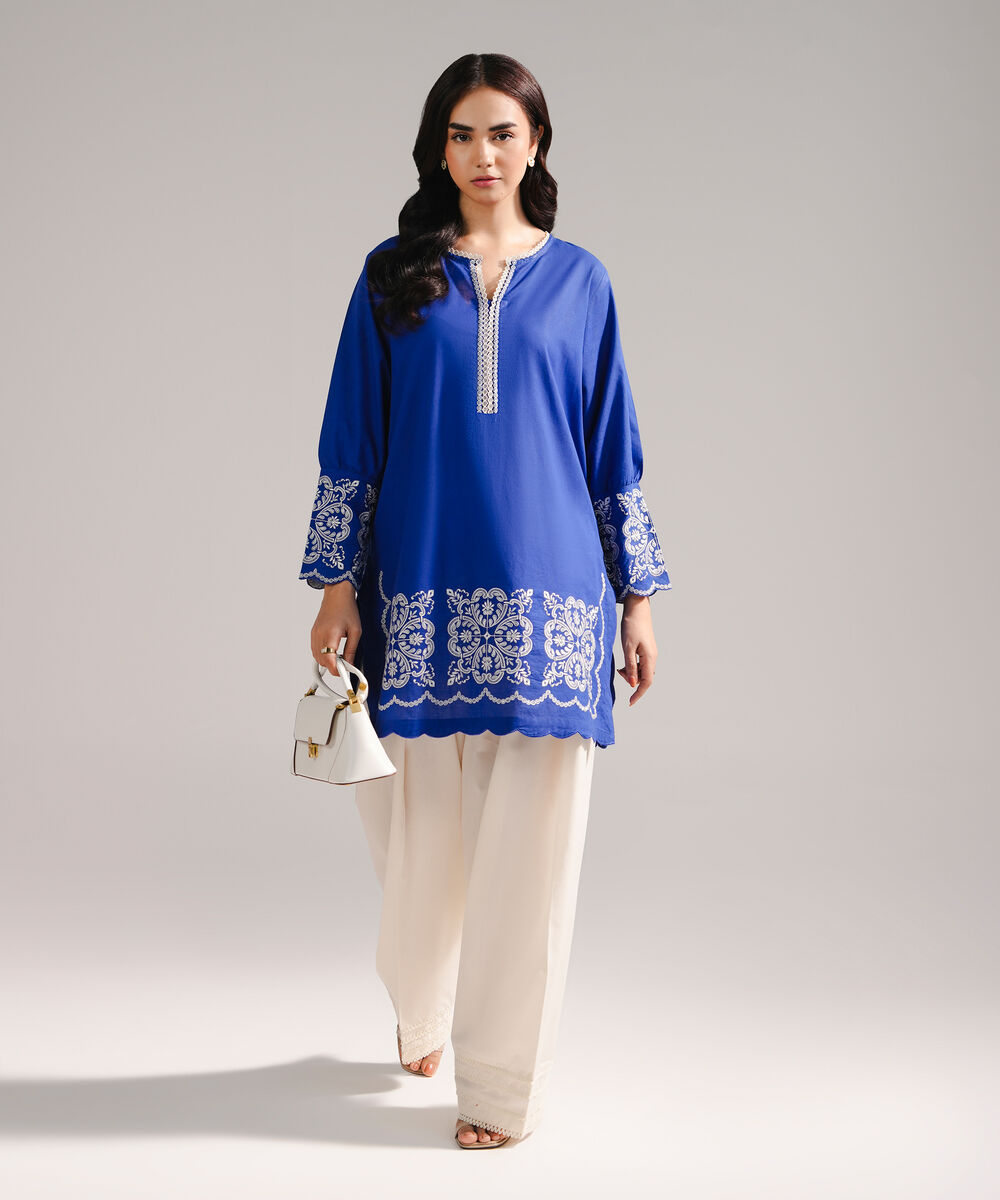 Women's RTW Slub Lawn Embroidered Dark Blue Straight Shirt