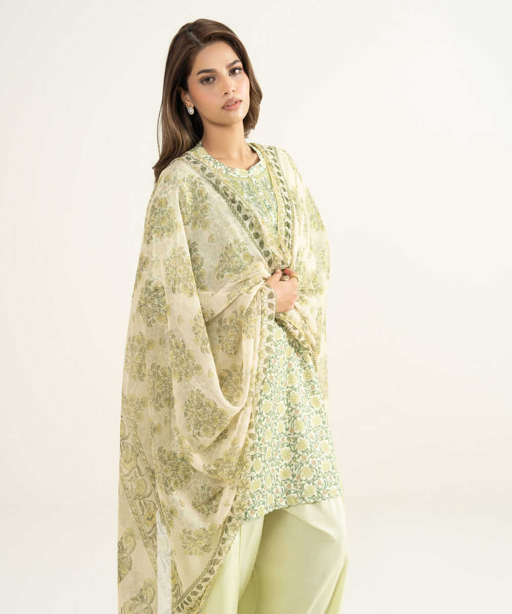 Women's Unstitched Lawn Embroidered Green 3 Piece Suit