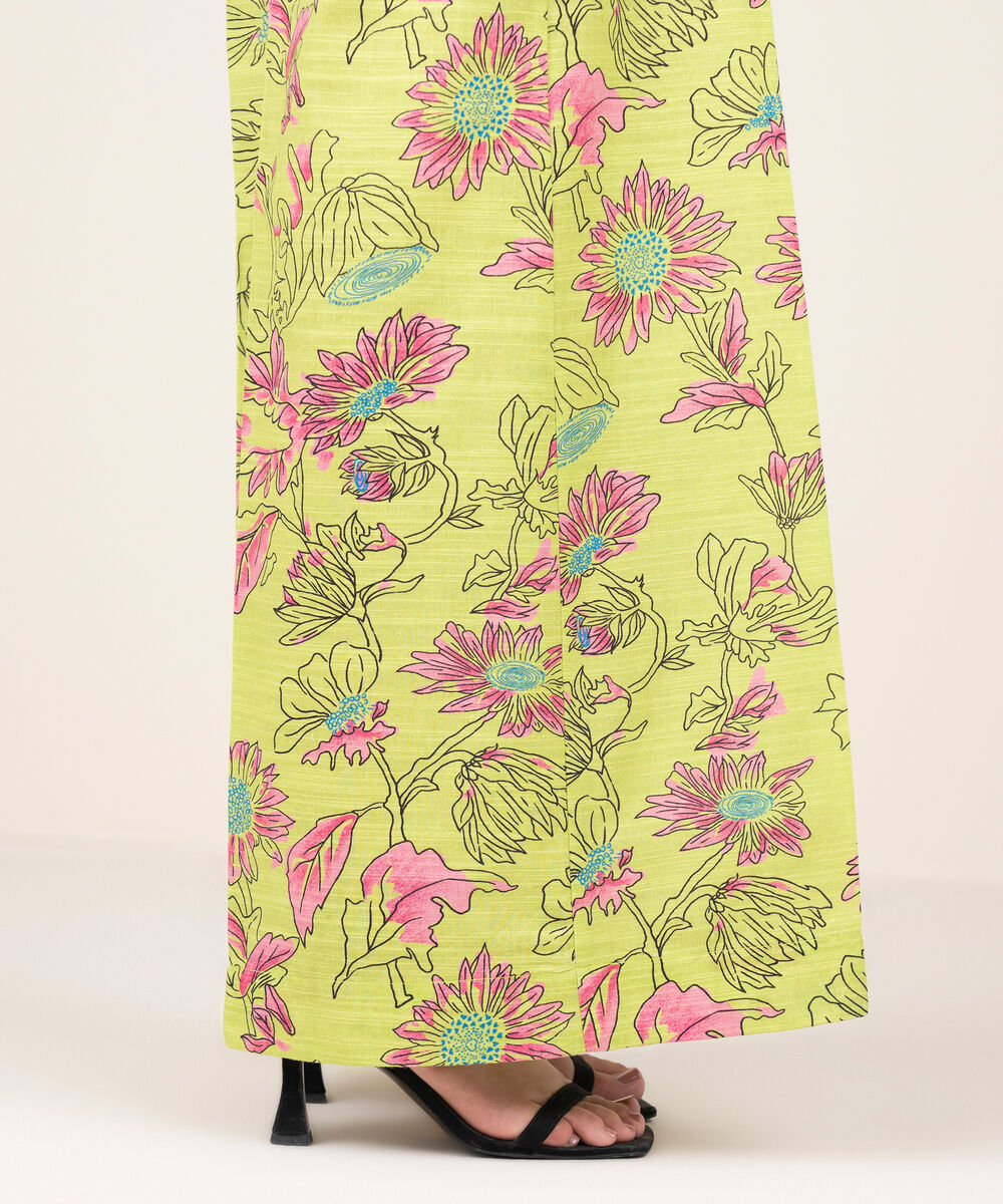 Women's RTW Khaddar Printed Lime Green Flared Pants