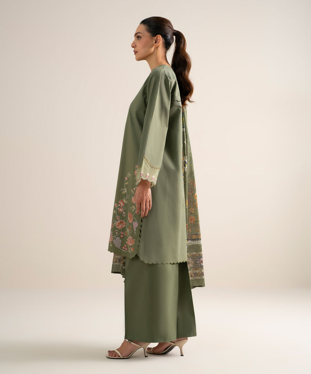 Women's Unstitched Lawn Embroidered Sage Green  3 Piece Suit