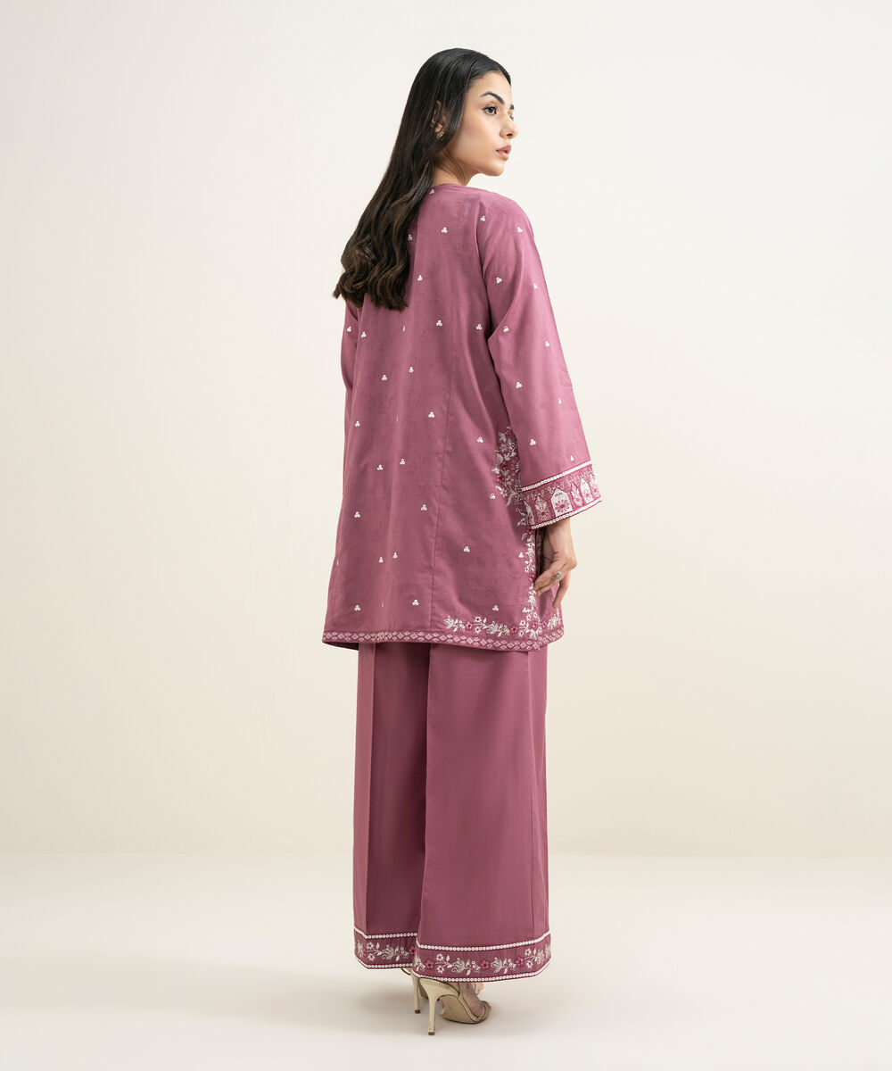 Women's RTW Self Jacquard Embroidered Purple Straight Shirt