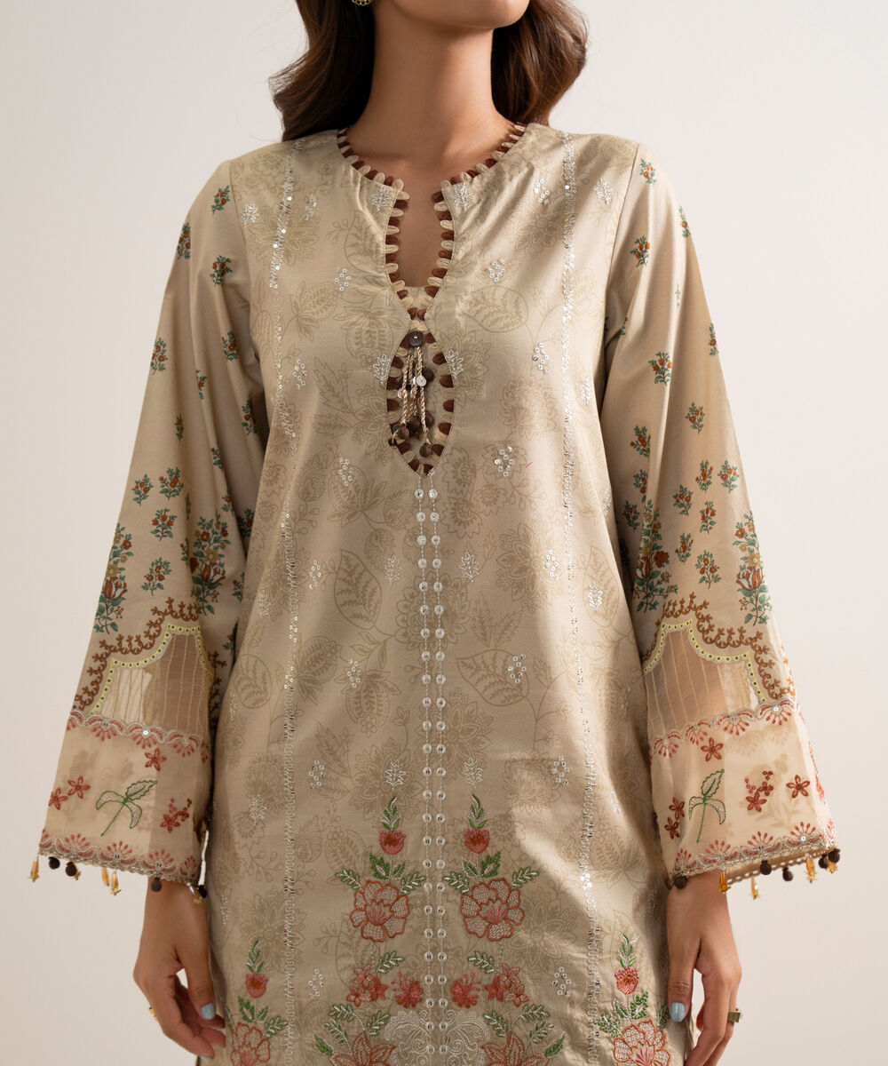 Women's Unstitched Lawn Embroidered Beige 3 Piece Suit