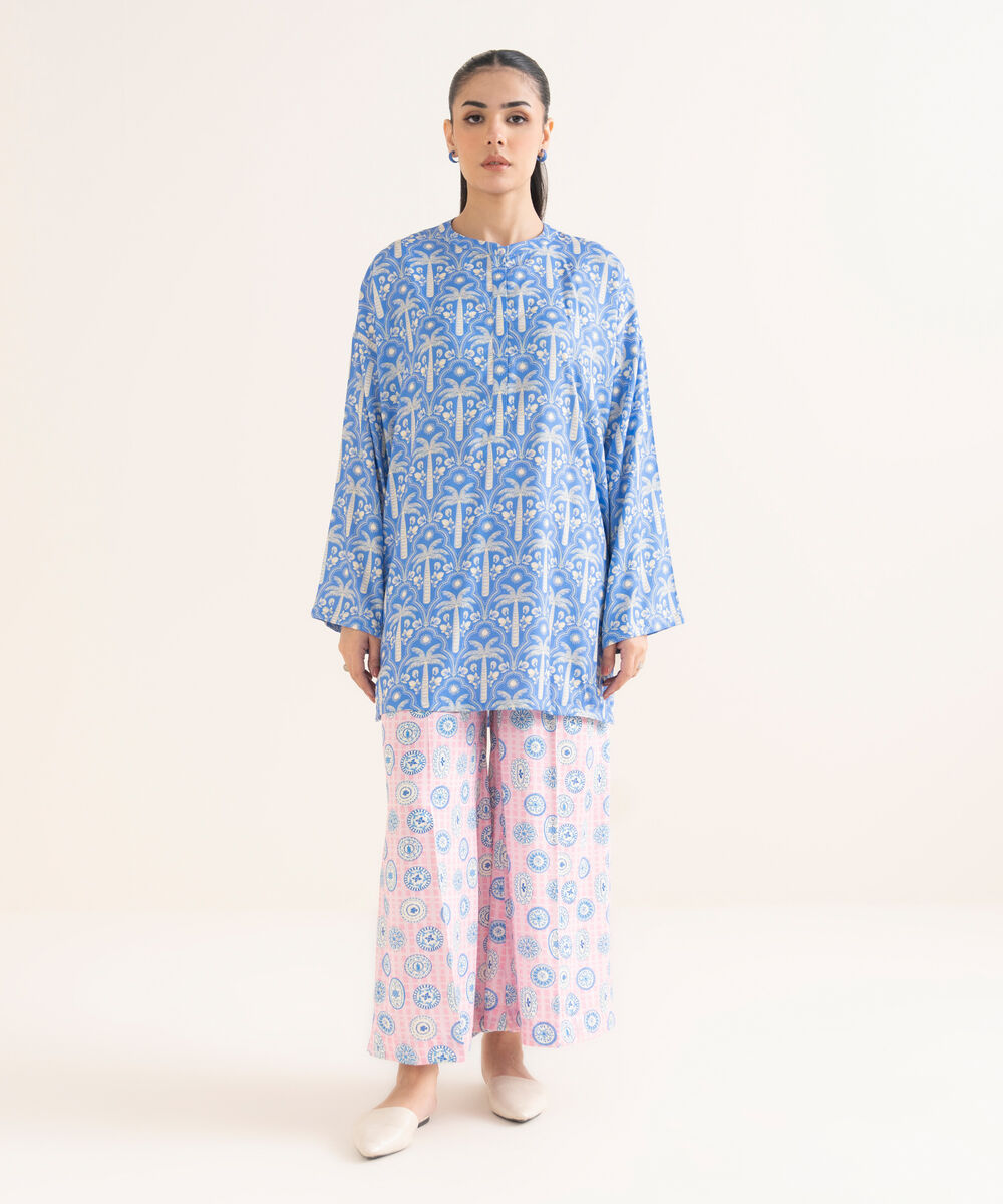 Women's RTW Linen Viscose Printed Blue Drop Shoulder Shirt