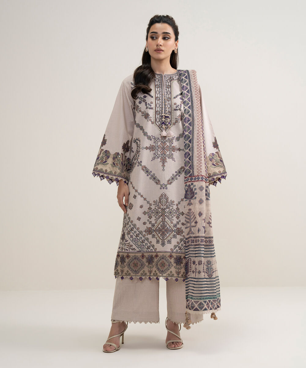 Women's Unstitched Lawn Embroidered Pink 3 Piece Suit