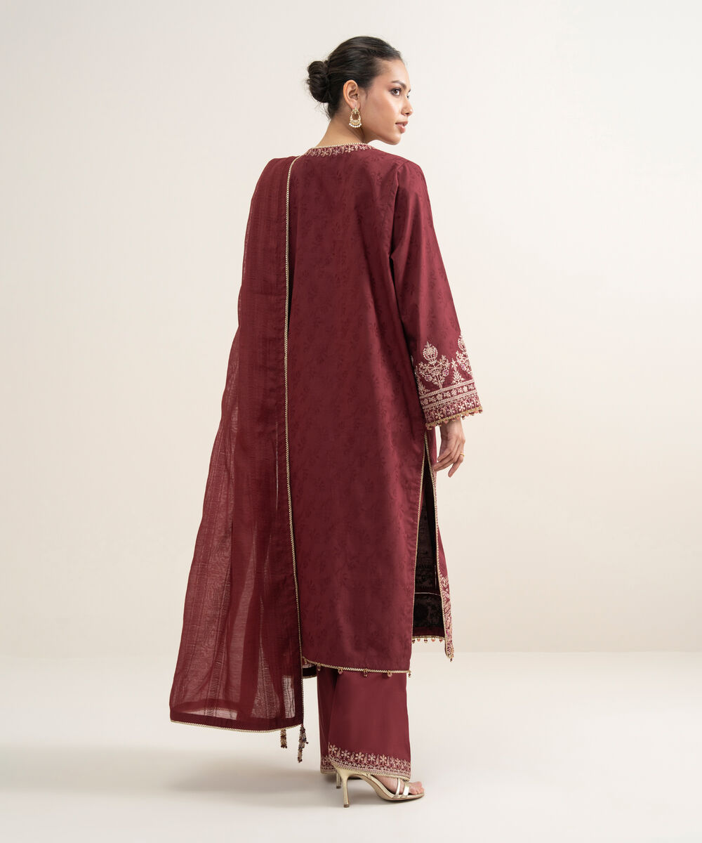 Women's Unstitched Cotton Jacquard Embroidered Red 3 Piece Suit