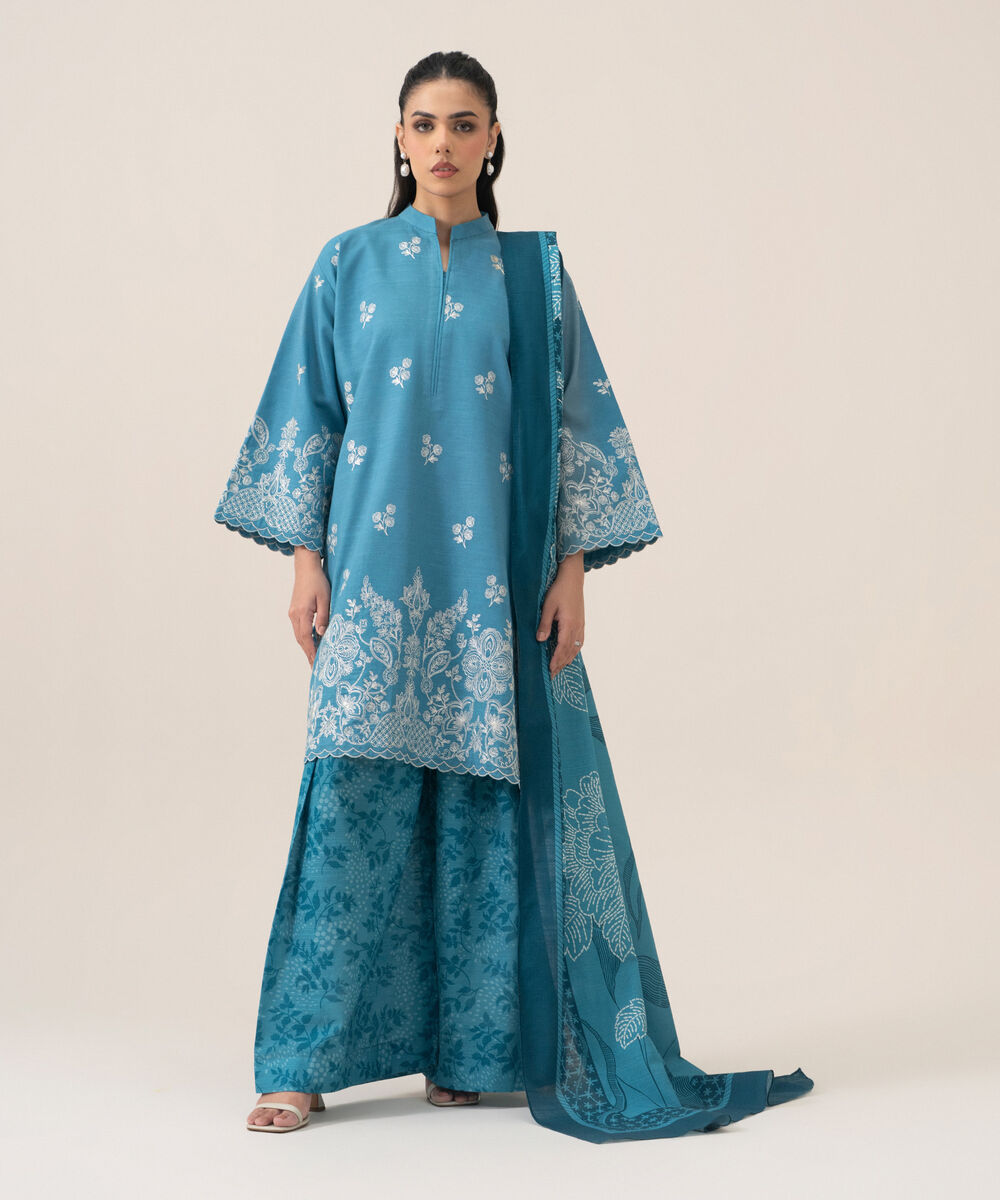 Women's Unstitched Premium Khaddar Embroidered Blue 3 Piece Suit