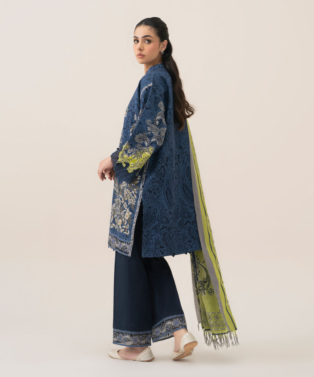 Women's Unstitched Cotton Printed Blue 3 Piece Suit