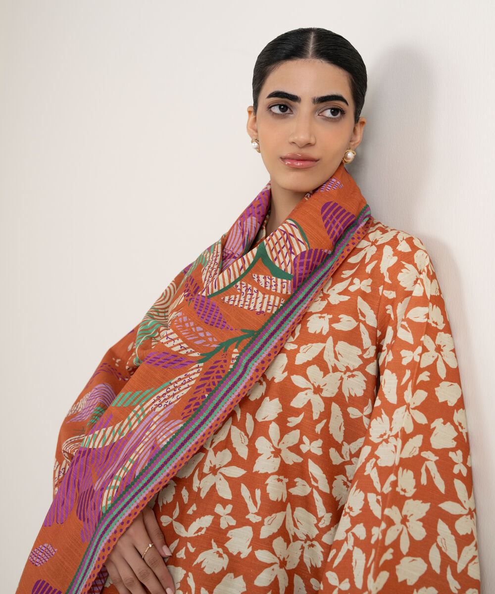 Women's Unstitched Printed Khaddar Rust Orange and Off White 3 Piece Suit