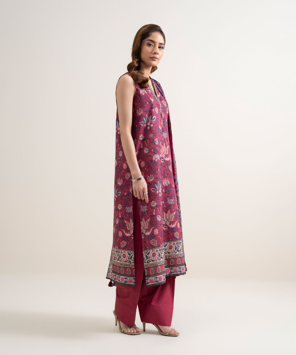 Women's Unstitched Lawn Printed Maroon 3 Piece Suit
