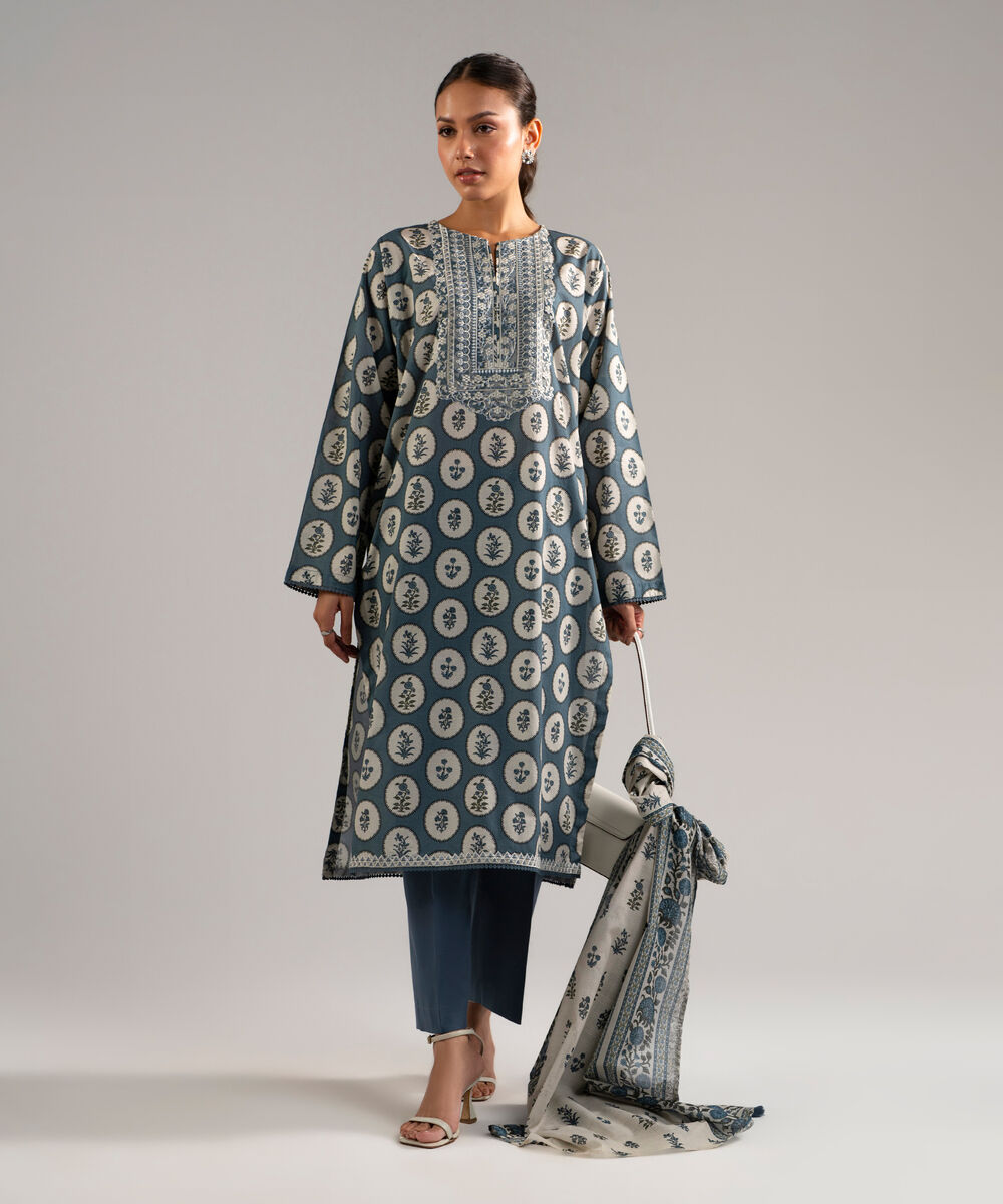 Women's RTW Slub Lawn Embroidered Blue 3 Piece Suit