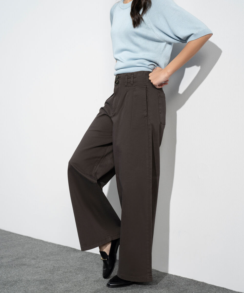 Women's Western Brown Wide Leg Pleated Chino Trousers