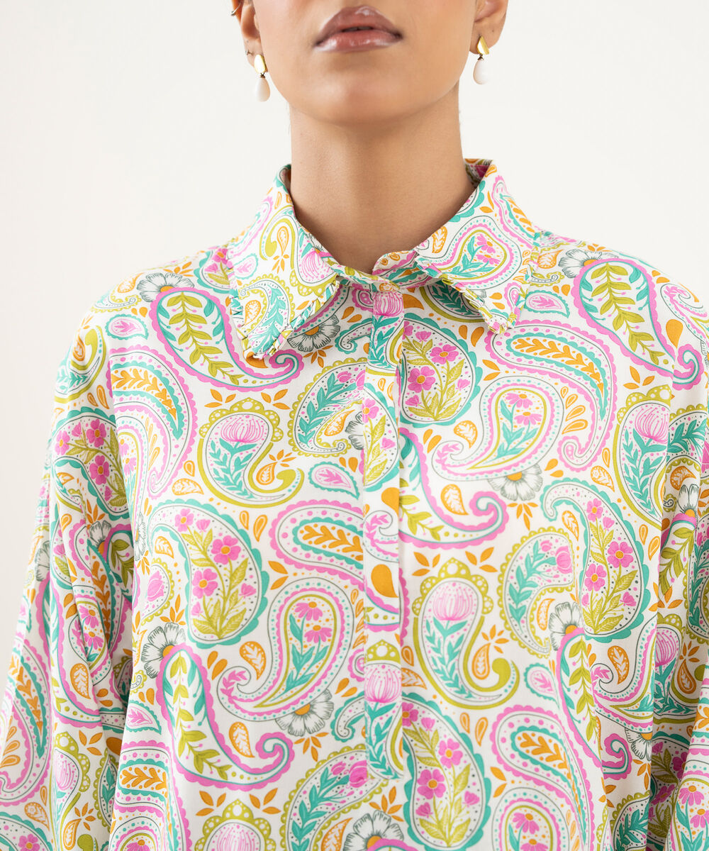 Women's RTW Linen Viscose Printed White Drop Shoulder Shirt