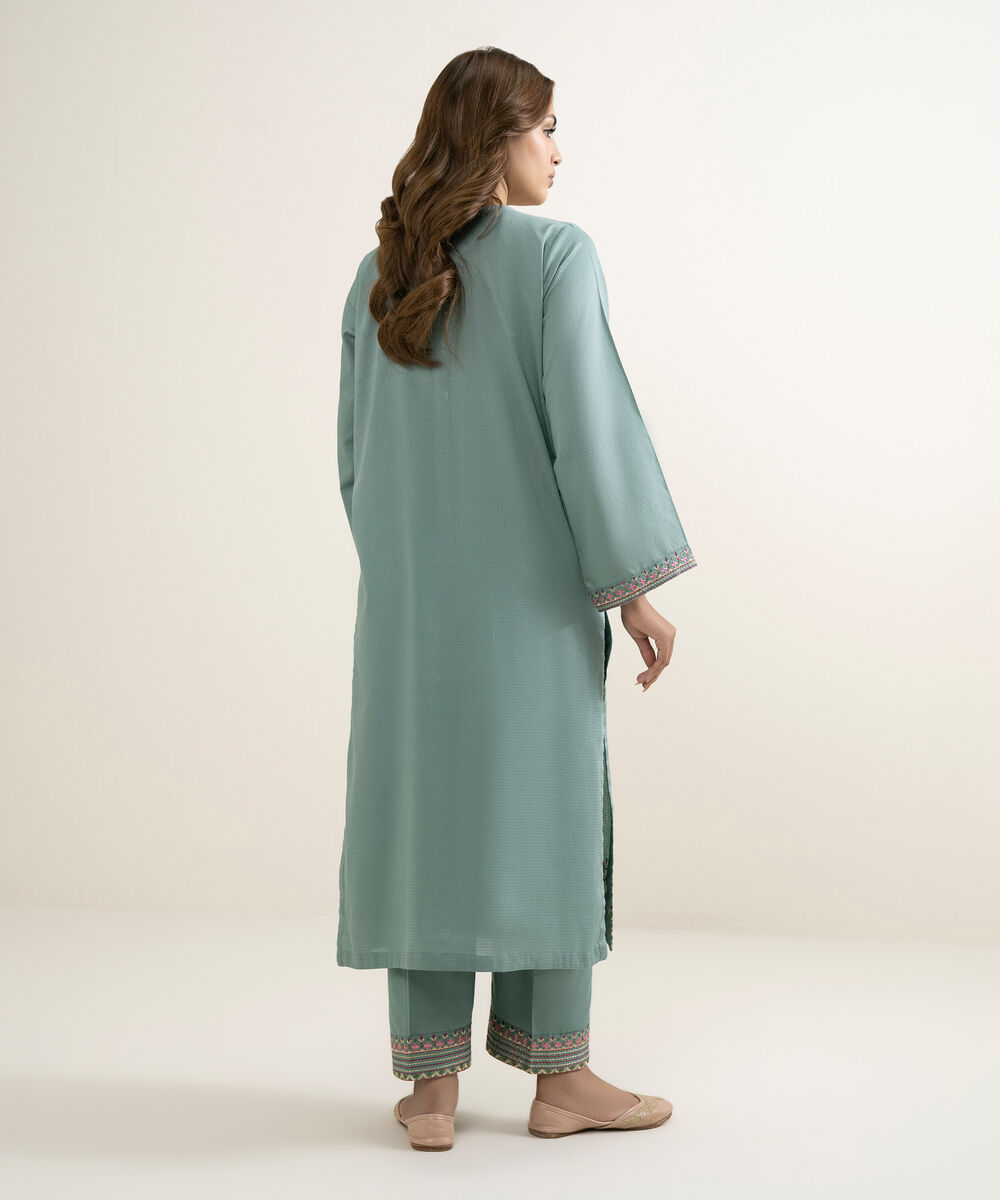 Women's RTW Dobby Embroidered Sage Green A-Line Shirt