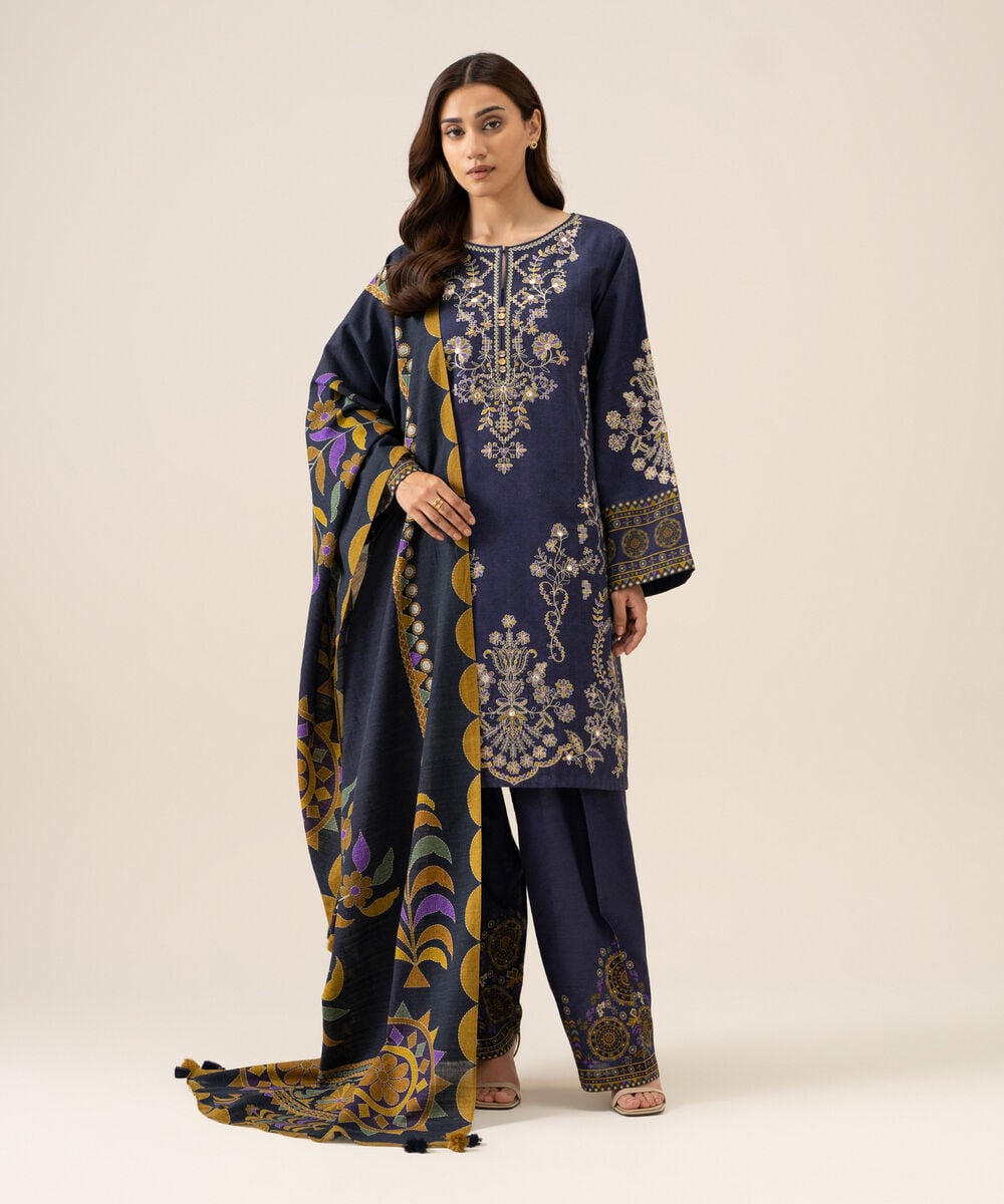 Women's Unstitched Light Khaddar Embroidered Blue 3 Piece Suit