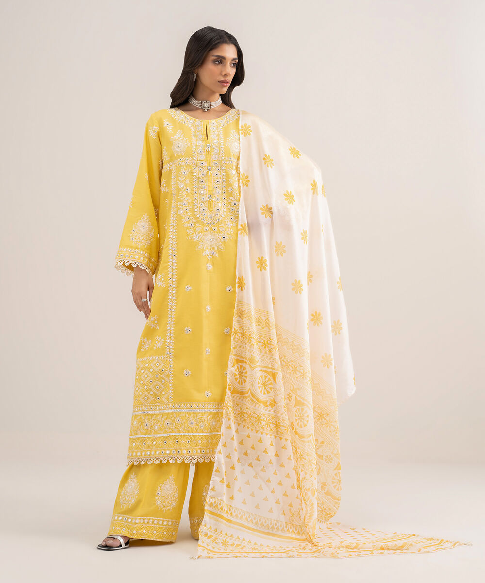 Women's RTW Zari Cotton Embroidered Yellow 3 Piece Suit