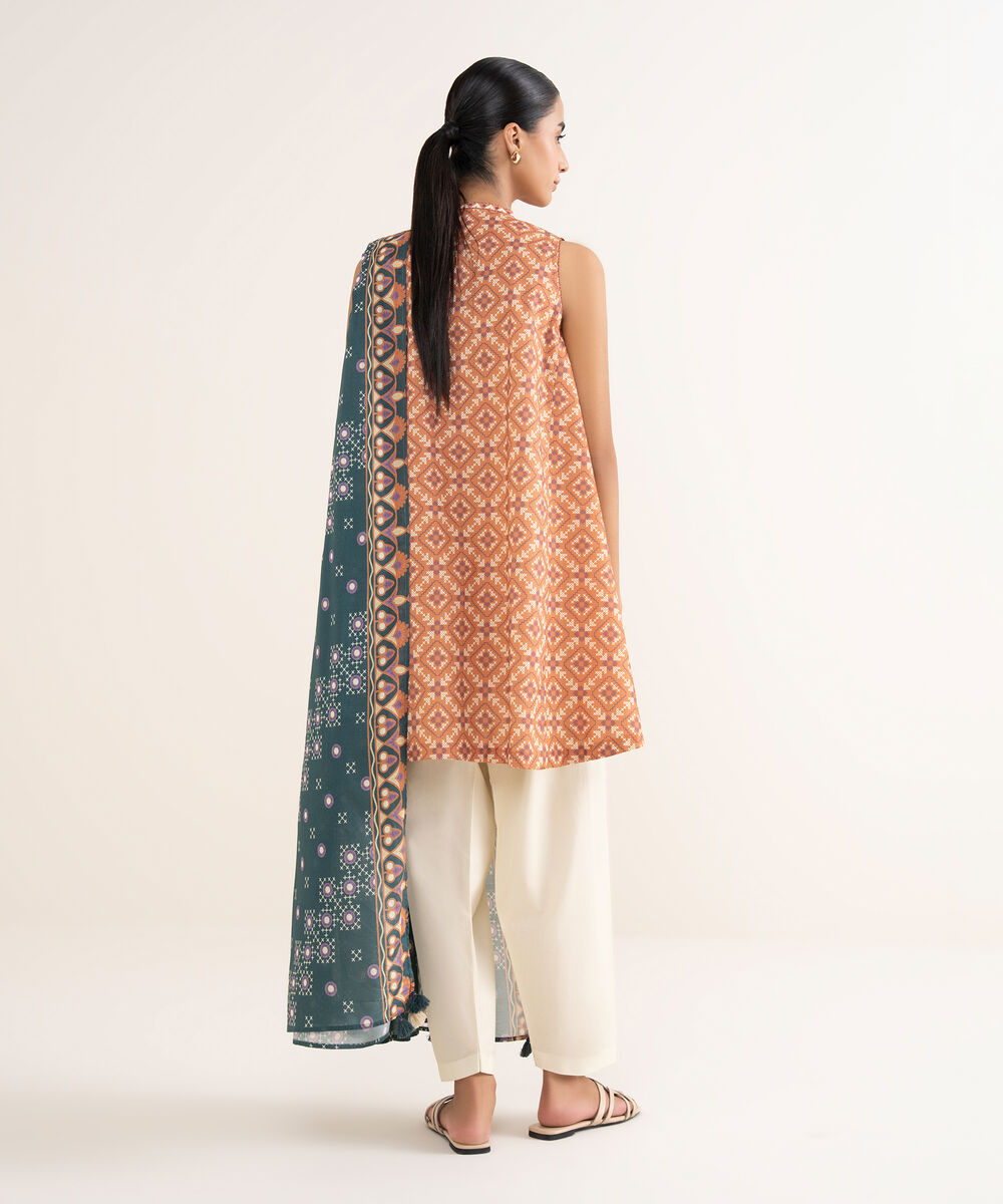 Women's Unstitched Lawn Printed Orange 2 Piece Suit