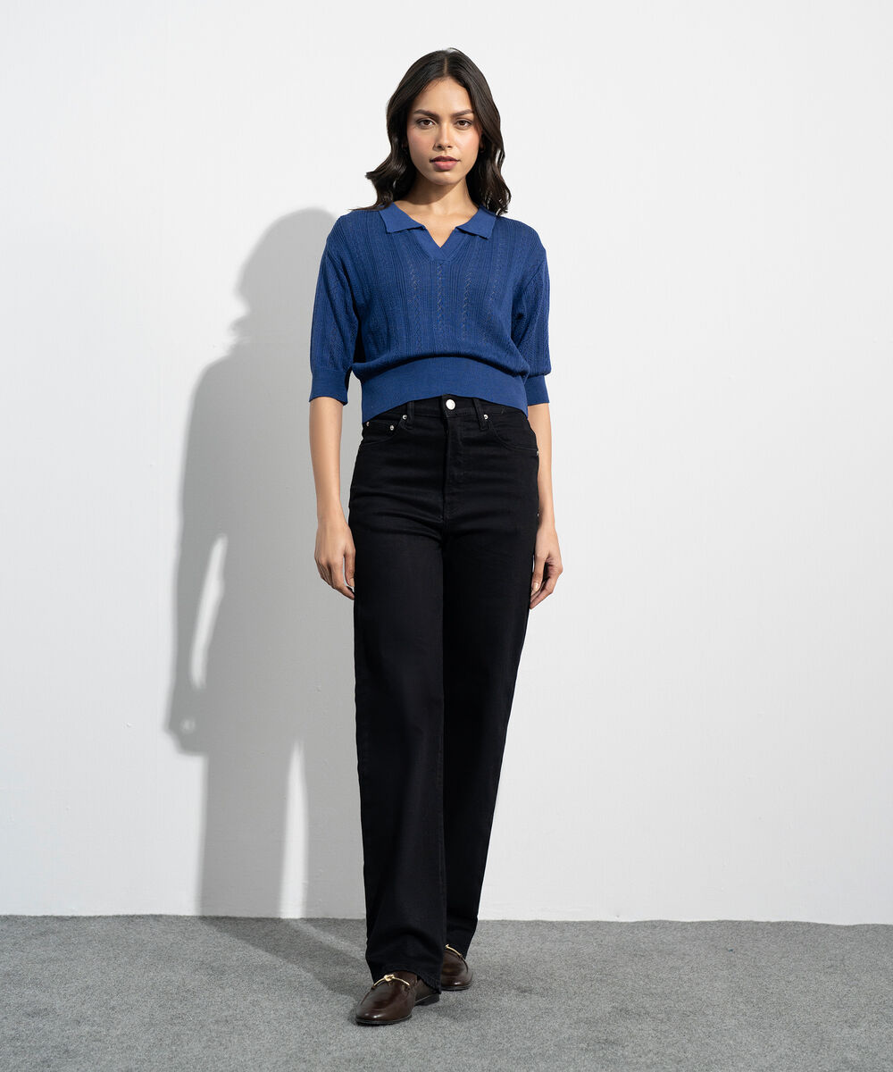 Women's Western Navy Pointelle Summer Knit Polo Top