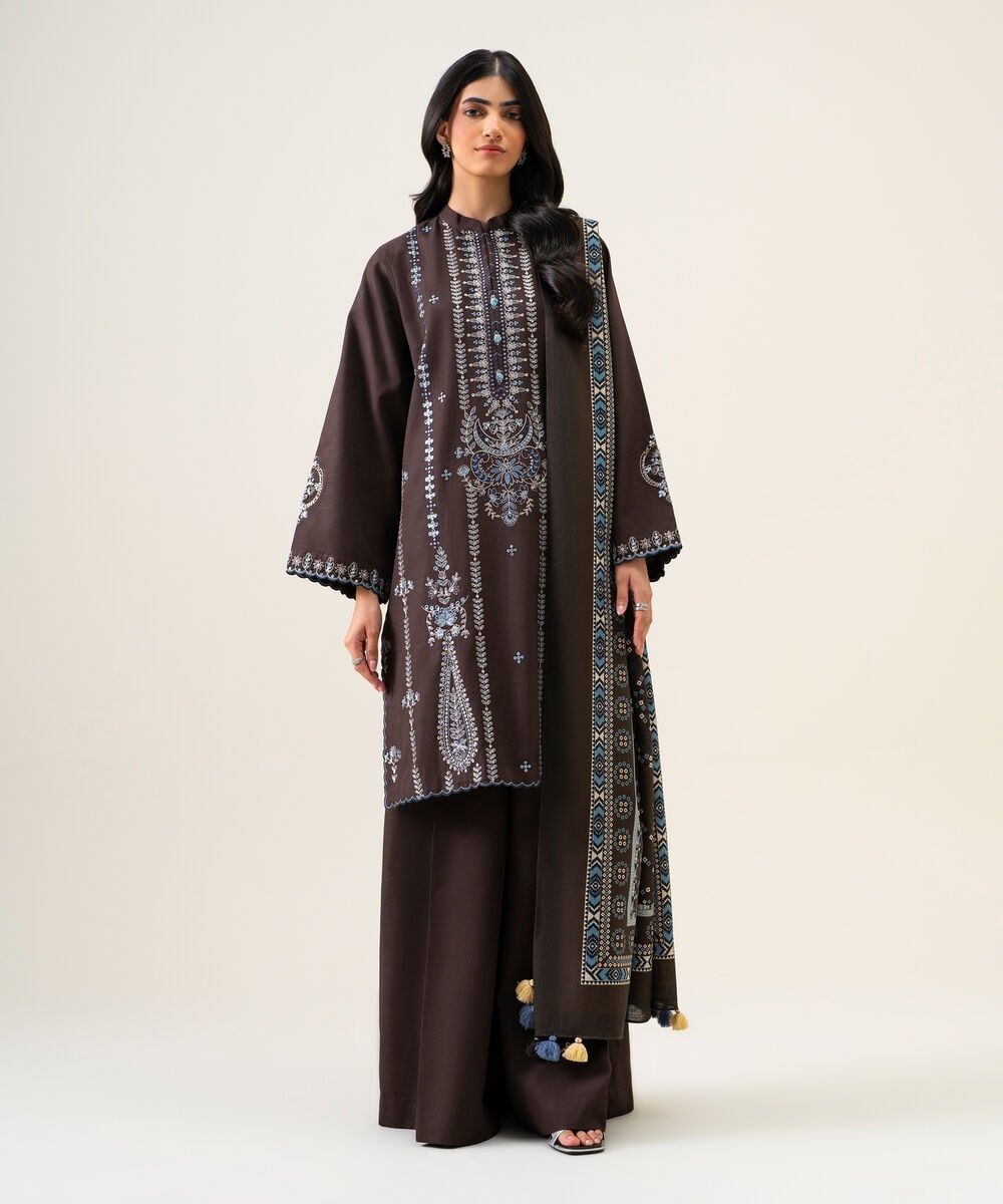Womens Unstitched Light Khaddar Embroidered Brown 3 Piece Suit