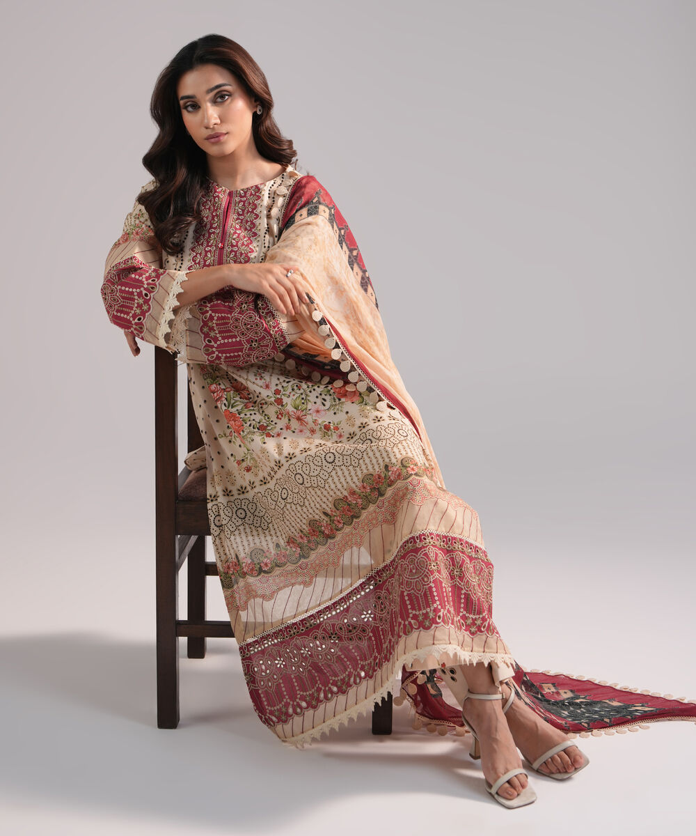 Women's RTW Lawn Embroidered Beige 3 Piece Suit