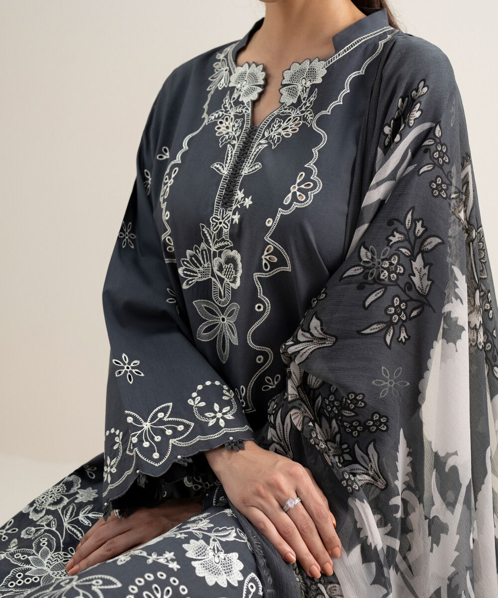 Women's Unstitched Textured Lawn Embroidered Grey 3 Piece Suit