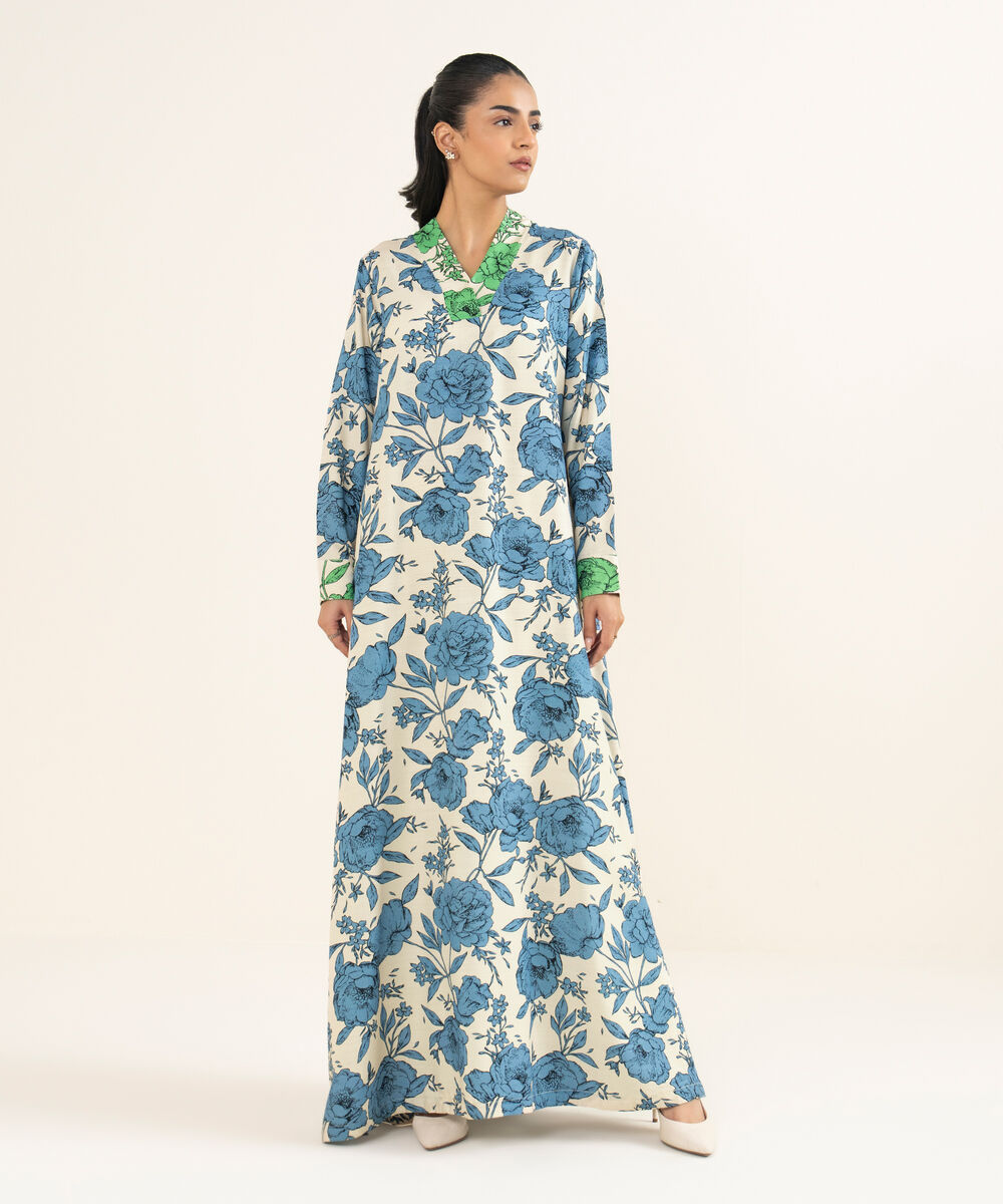 Women's RTW Herringbone Printed Blue Straight Shirt