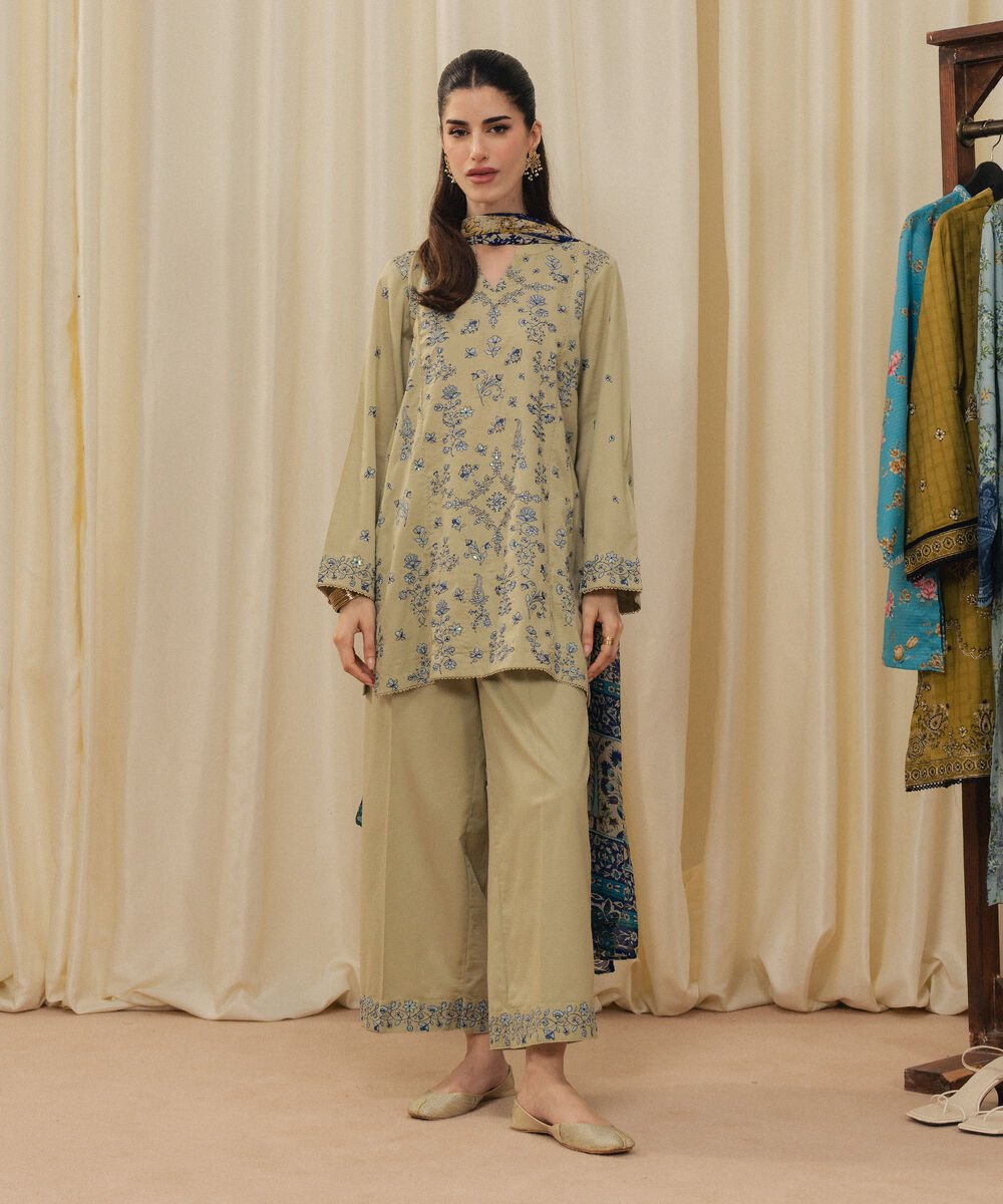 Women's RTW Dobby Embroidered Green 3 Piece Suit