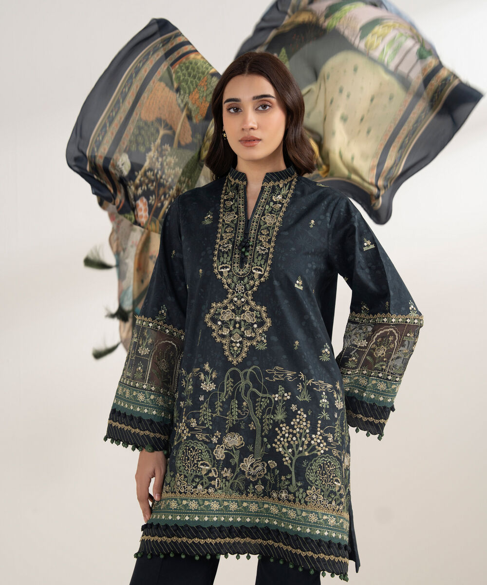 Women's Unstitched Cotton Embroidered Black 3 Piece Suit