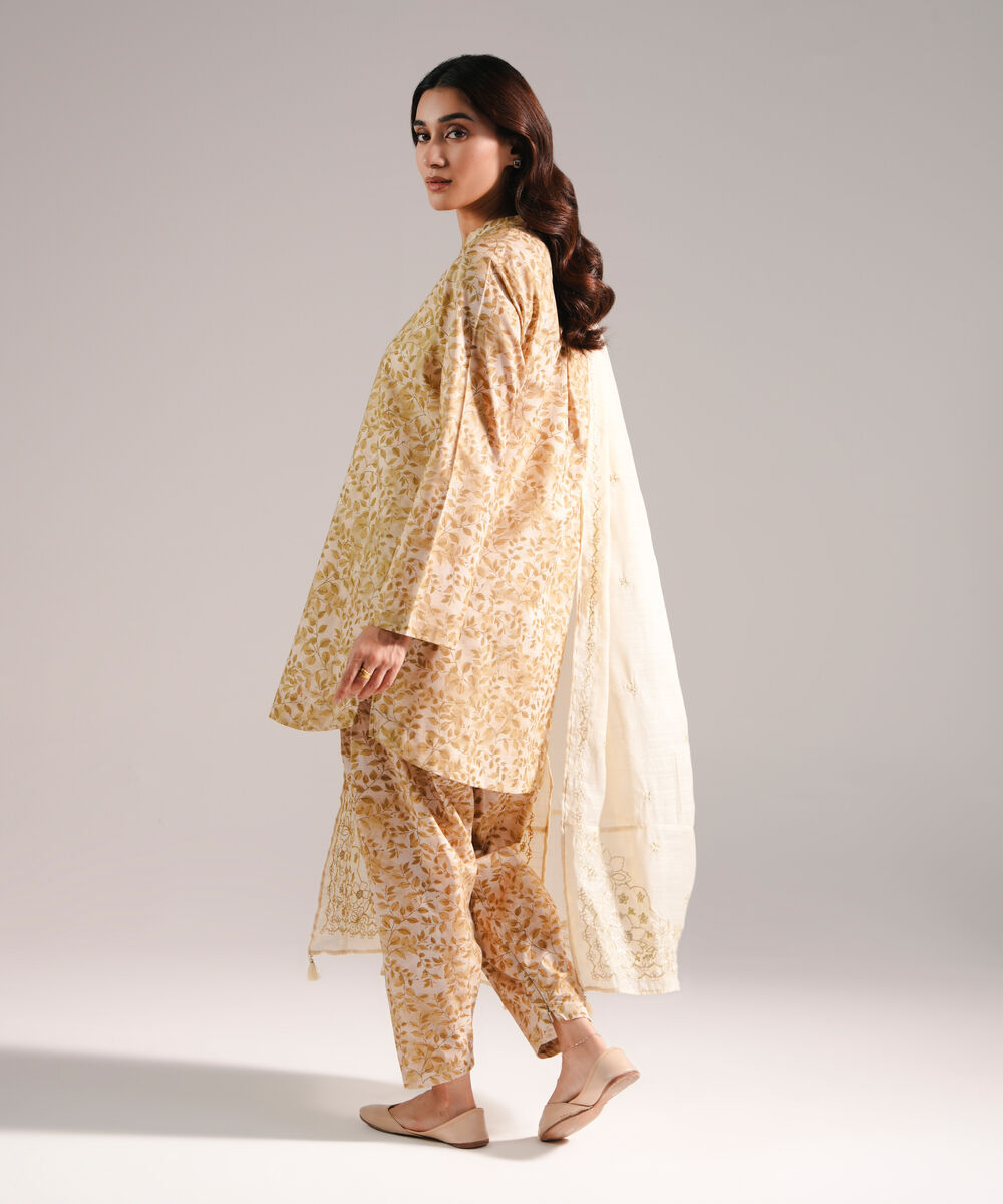 Women's RTW Zari Lawn Printed Beige 3 Piece Suit