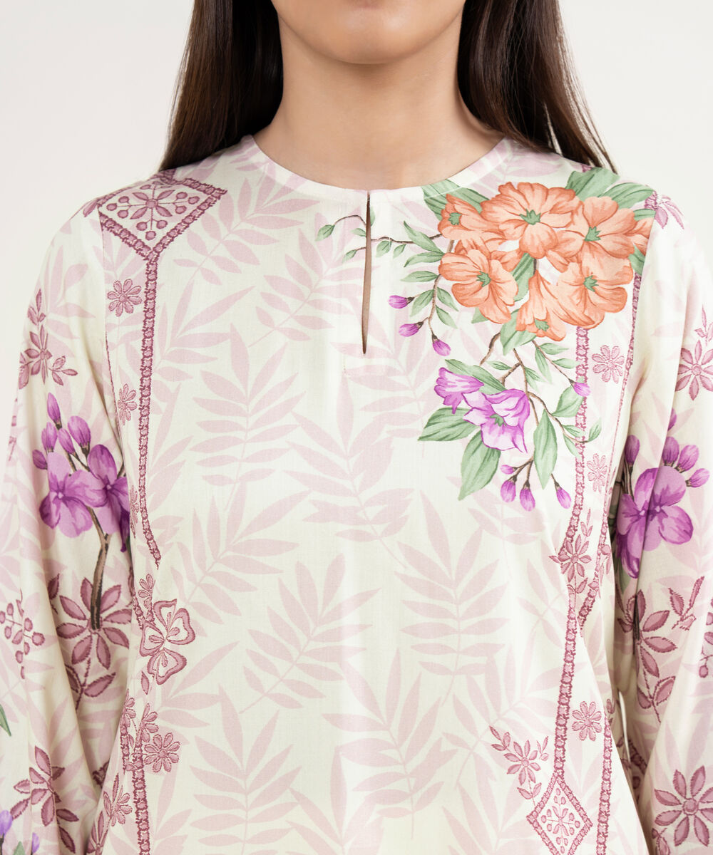 Women's RTW Arabic Lawn Off White Printed Straight Shirt