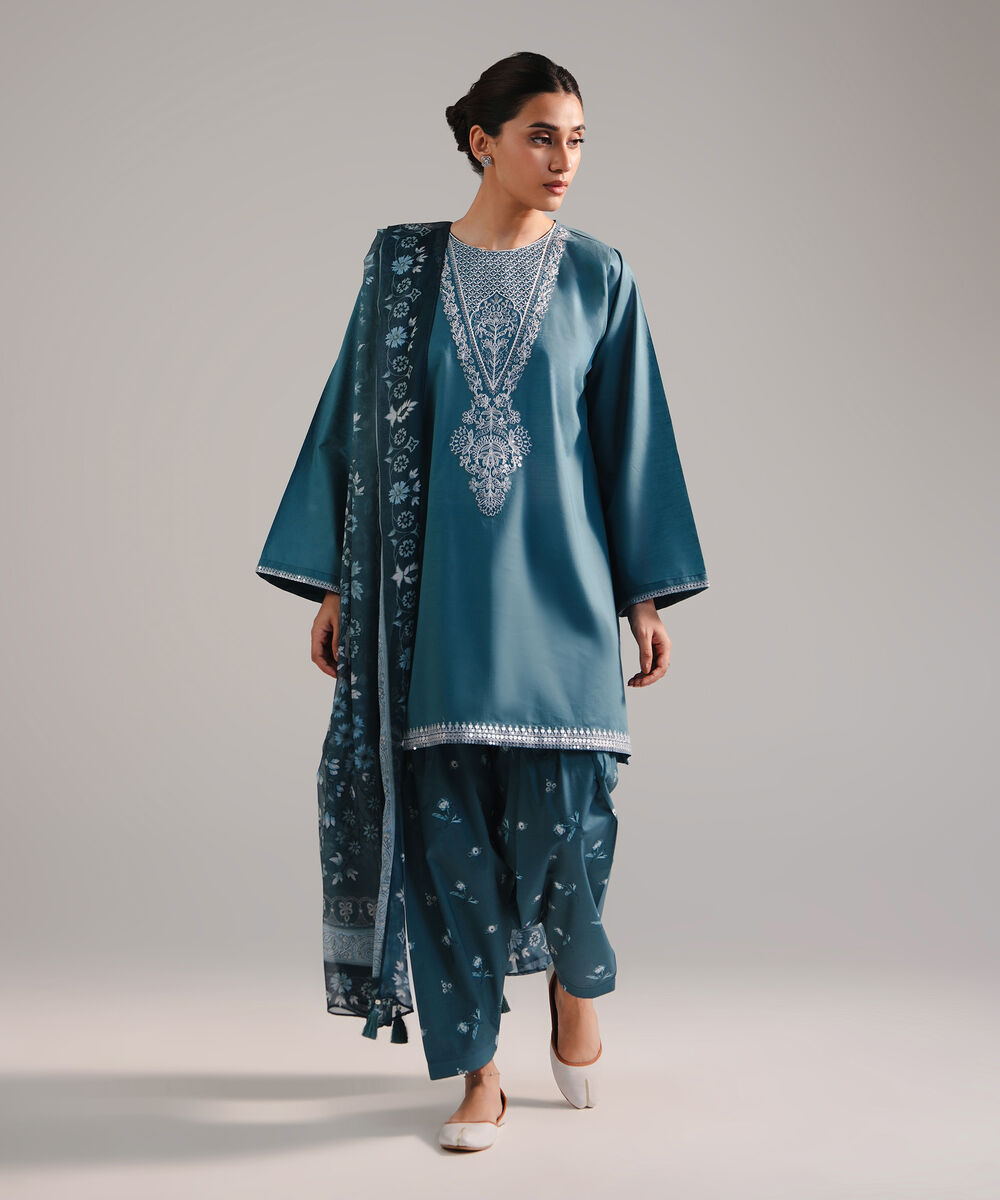 Women's RTW Slub Lawn Embroidered Teal 3 Piece Suit