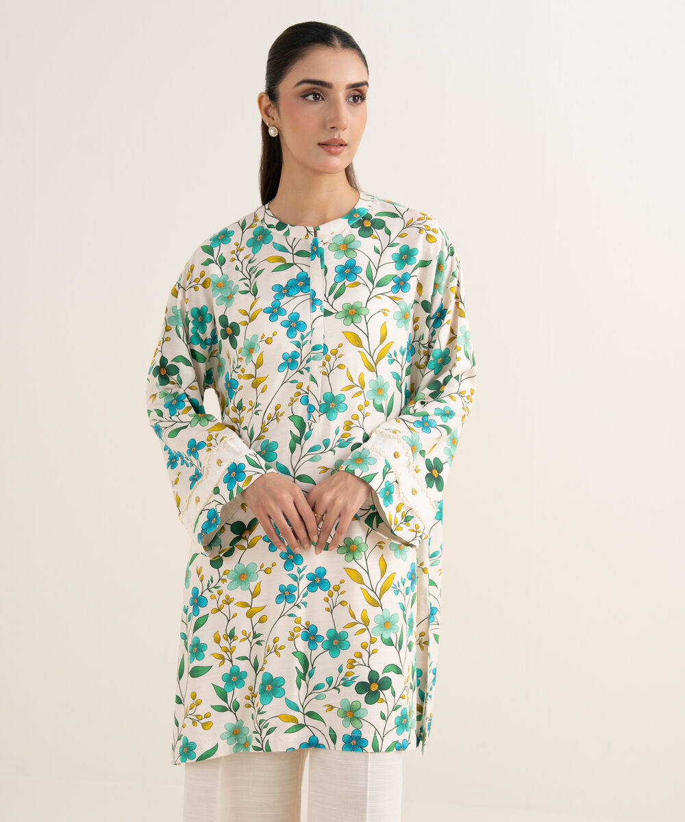 Women's RTW Herringbone Printed Off White Boxy Shirt