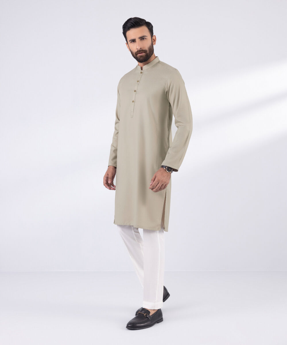 Men's Blended Stitched Plain Beige Kurta