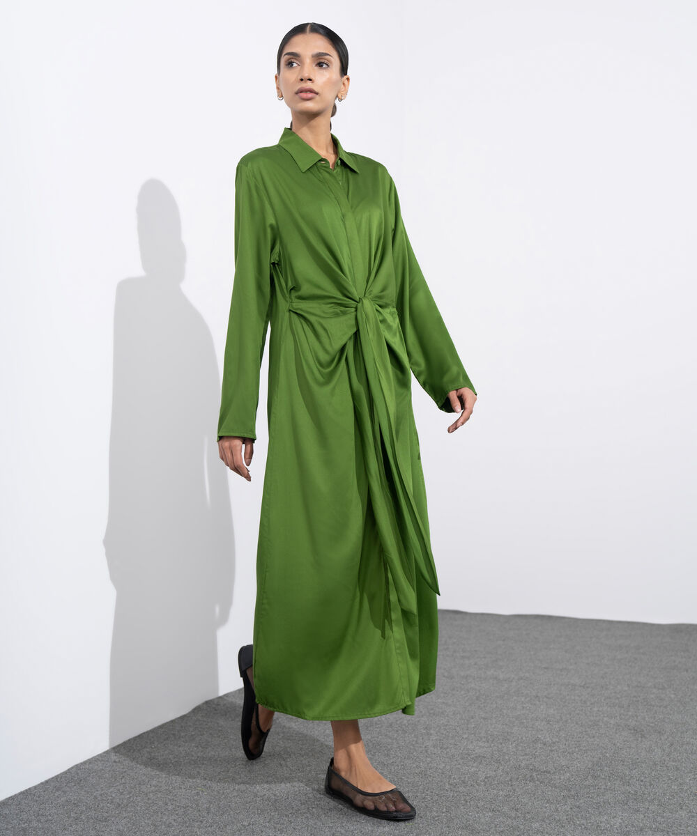 Women's Western Wear Green Tie-Knot Dress