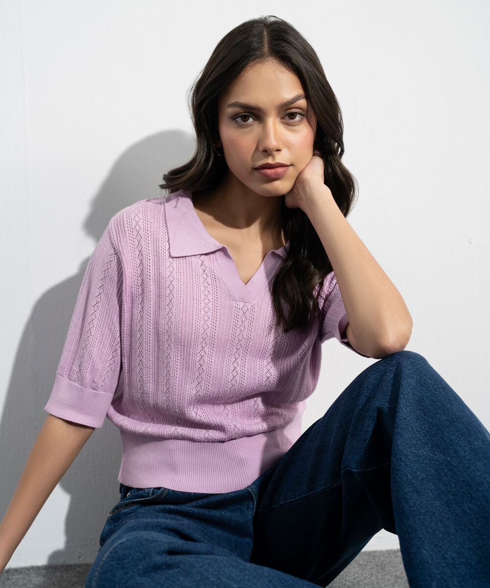 Women's Western Pink Pointelle Summer Knit Polo Top