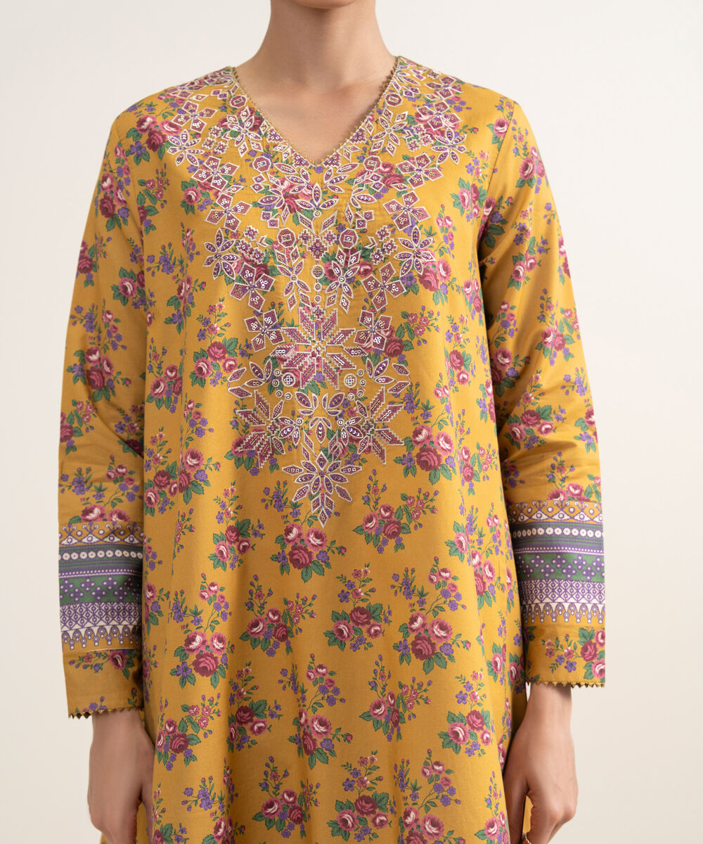 Women's Unstitched Lawn Embroidered Mustard 3 Piece Suit