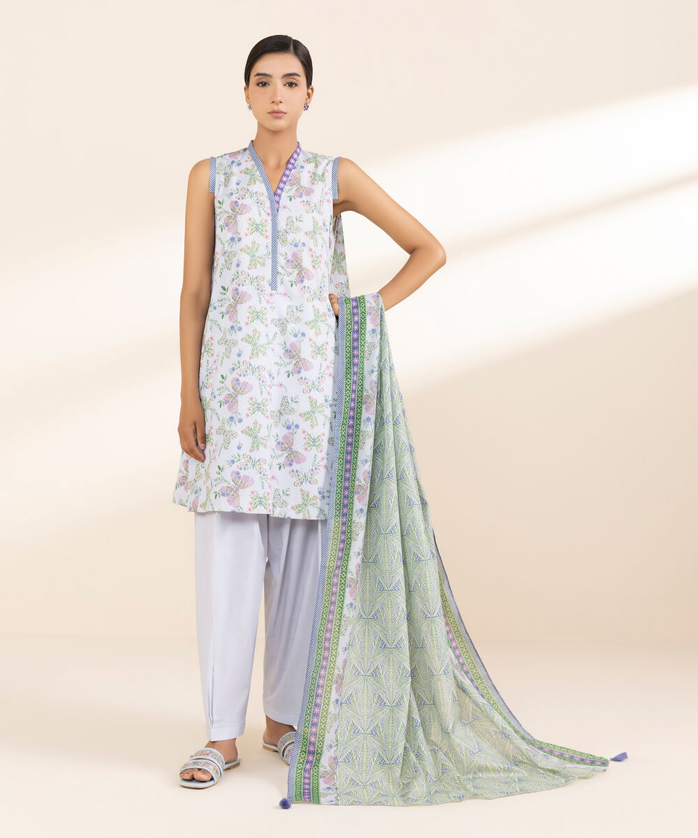 Women's Unstitched Lawn Printed Blue 3 Piece Suit