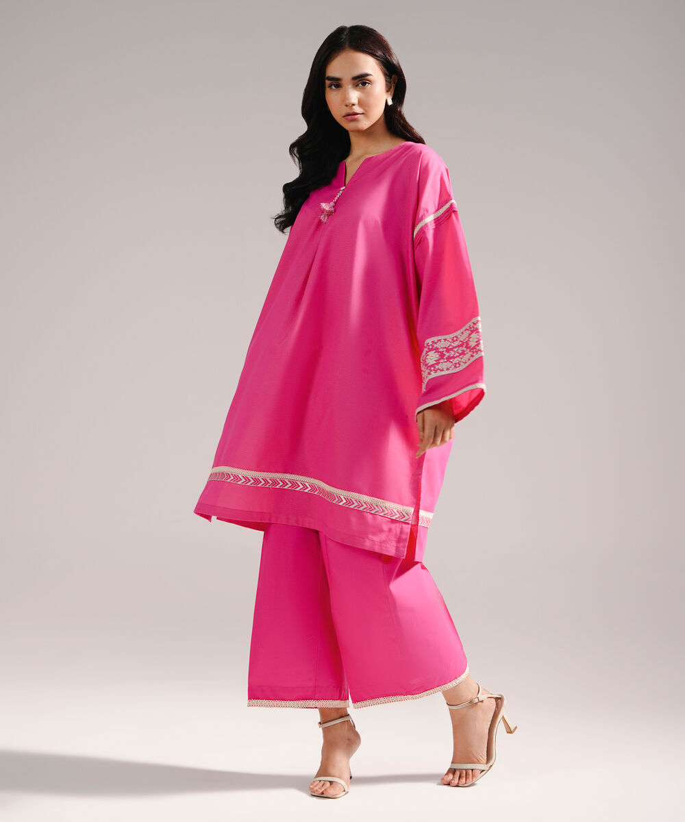 Women's RTW Zari Lawn Embroidered Pink Straight Shirt