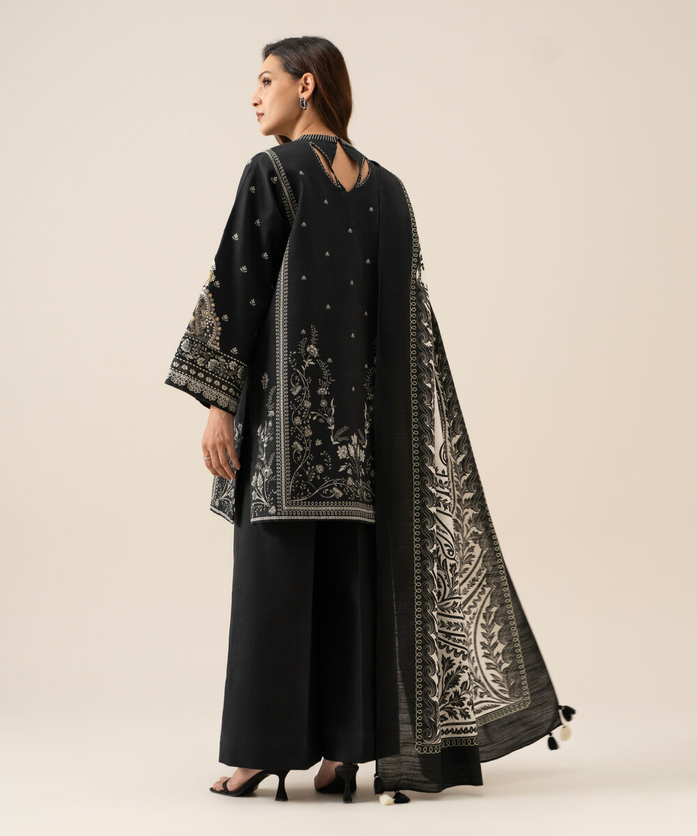 Women's Unstitched Light Khaddar Printed Black 3 Piece Suit