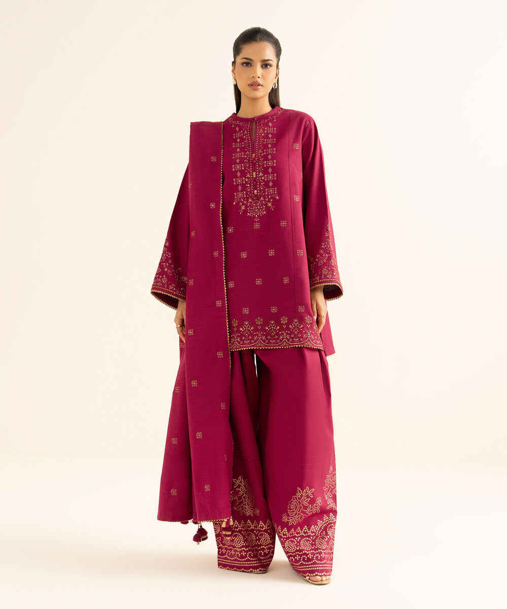 Women's Unstitched Textured Cotton Embroidered Red 3 Piece Suit